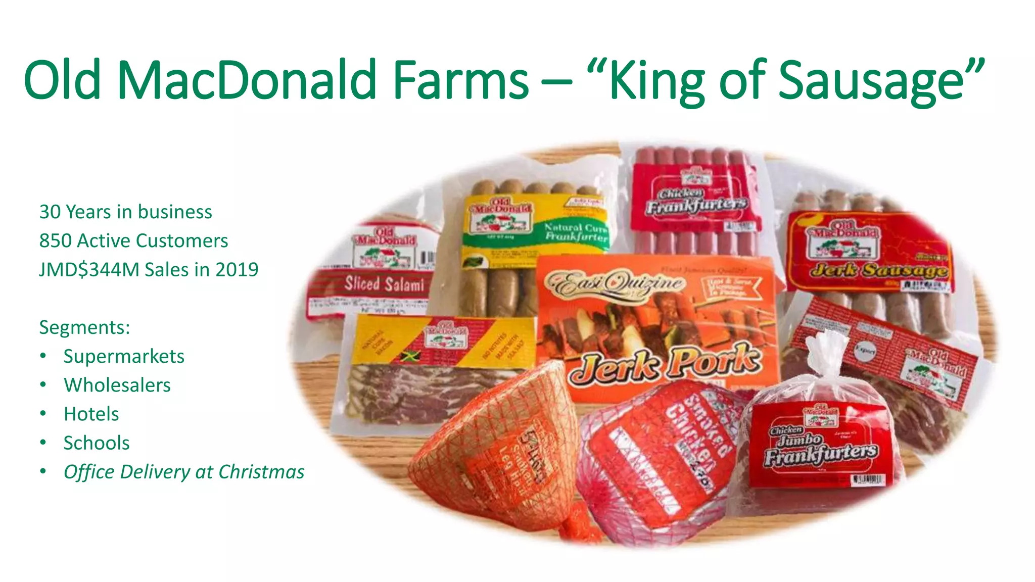 Old MacDonald Farms – “King of Sausage”
30 Years in business
850 Active Customers
JMD$344M Sales in 2019
Segments:
• Supermarkets
• Wholesalers
• Hotels
• Schools
• Office Delivery at Christmas
 