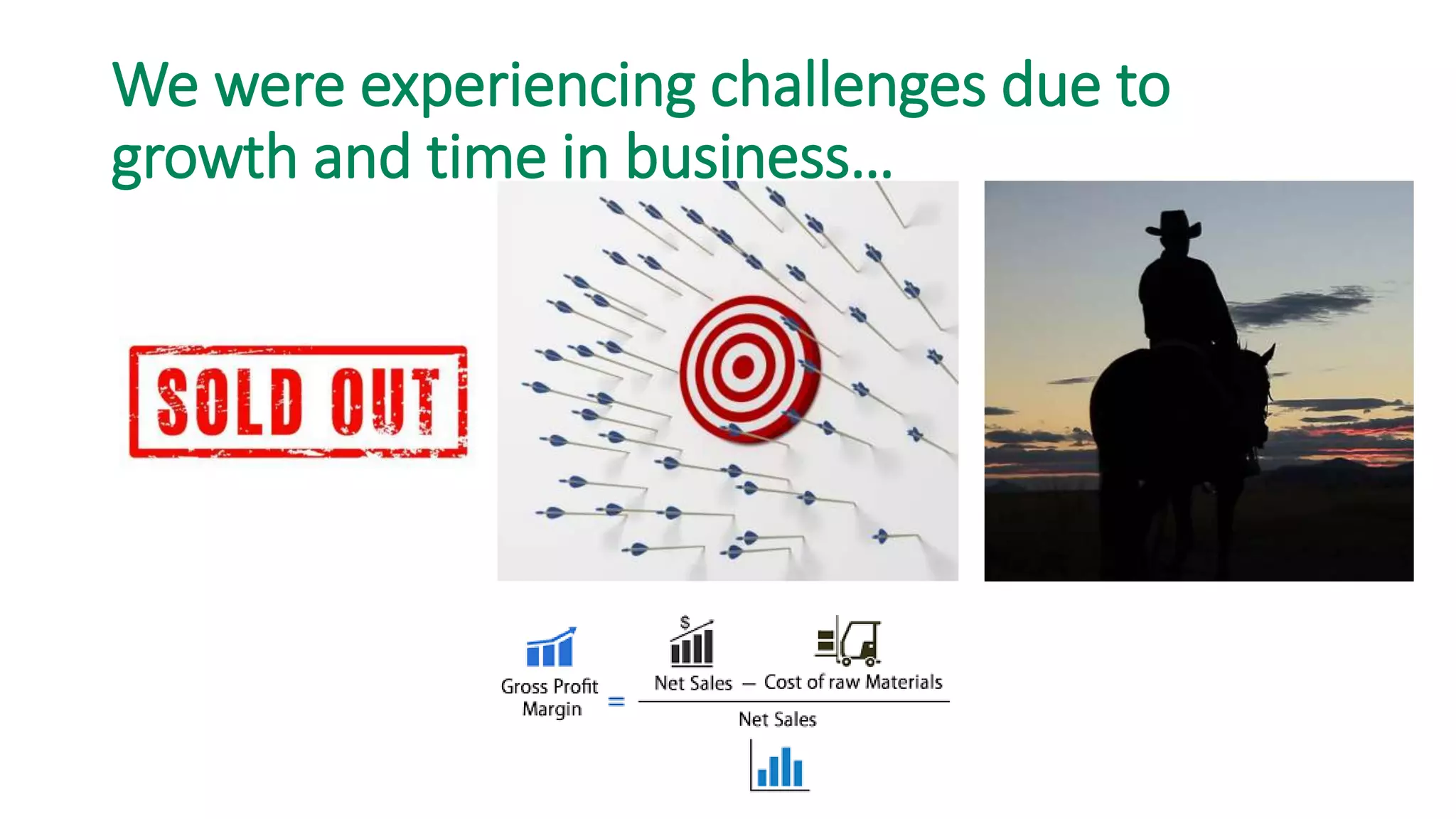 We were experiencing challenges due to
growth and time in business…
• Operations were disconnected and still mostly paper-based.
• We have lags in our information, leading to stockouts, as well as an
inability to manage margins and detect shifts in customer
spending. We're spending most of our time estimating and trying to
keep up with our accounts and not enough on new sales.
 