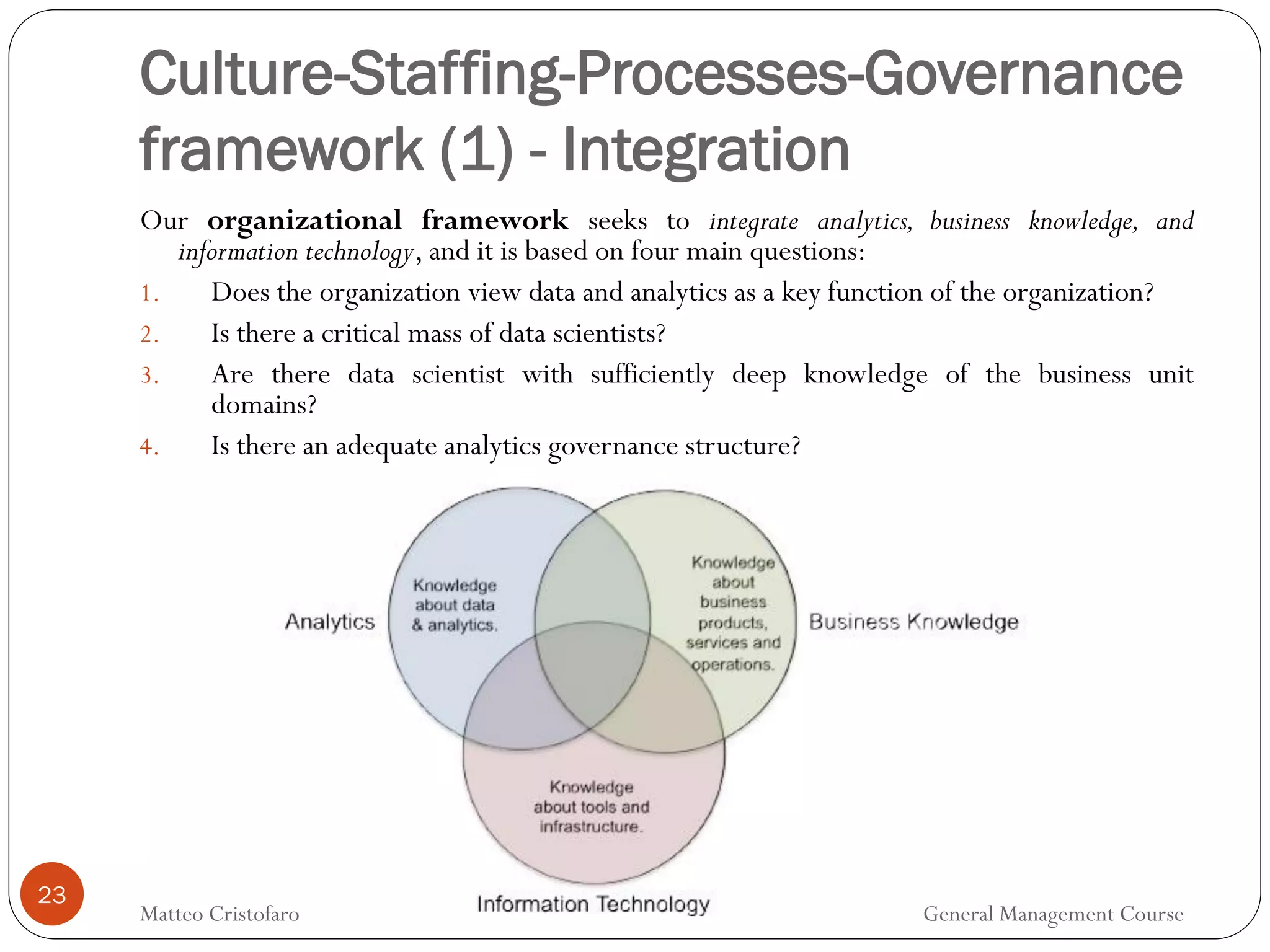 23
Our organizational framework seeks to integrate analytics, business knowledge, and
information technology, and it is based on four main questions:
1. Does the organization view data and analytics as a key function of the organization?
2. Is there a critical mass of data scientists?
3. Are there data scientist with sufficiently deep knowledge of the business unit
domains?
4. Is there an adequate analytics governance structure?
Culture-Staffing-Processes-Governance
framework (1) - Integration
Matteo Cristofaro General Management Course
 