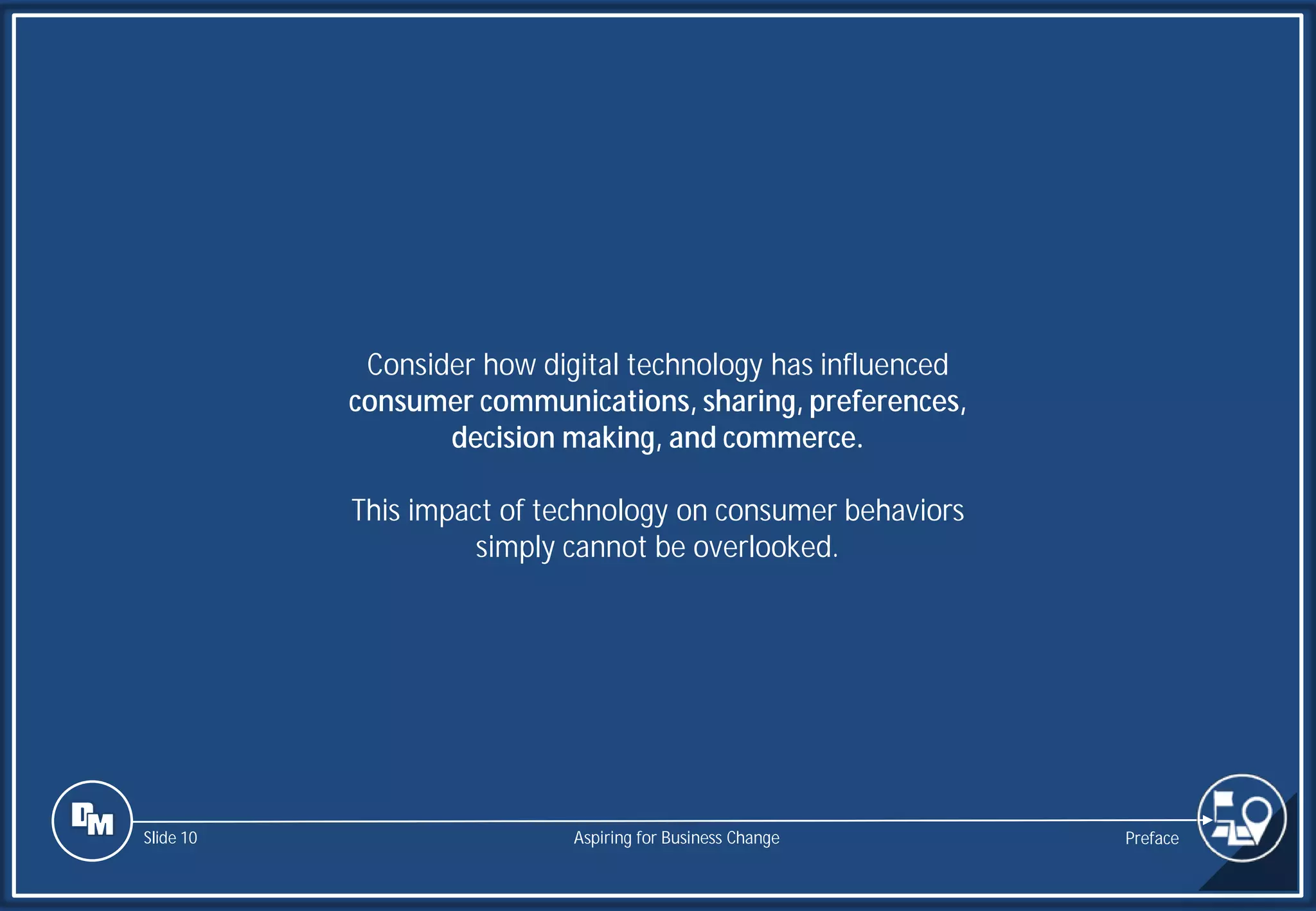 Slide 10
Consider how digital technology has influenced
consumer communications, sharing, preferences,
decision making, and commerce.
This impact of technology on consumer behaviors
simply cannot be overlooked.
Preface
Aspiring for Business Change
 