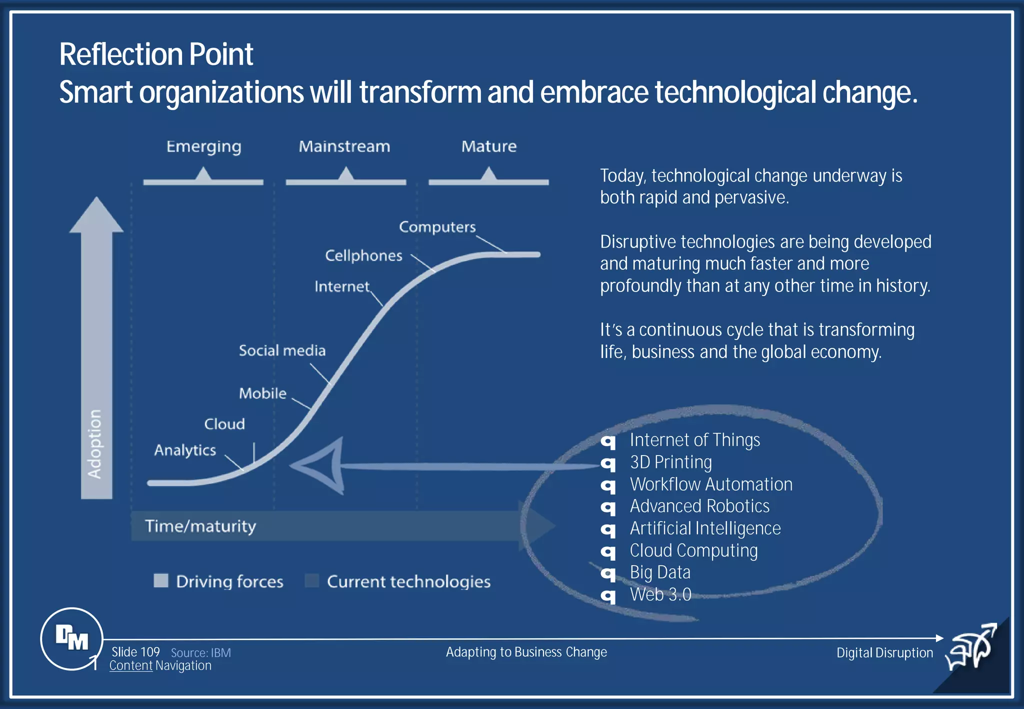 Slide 109
1 Content Navigation
Source: IBM
Reflection Point
Smartorganizations will transformand embracetechnological change.
Today, technological change underway is
both rapid and pervasive.
Disruptive technologies are being developed
and maturing much faster and more
profoundly than at any other time in history.
It’s a continuous cycle that is transforming
life, business and the global economy.
q Internet of Things
q 3D Printing
q Workflow Automation
q Advanced Robotics
q Artificial Intelligence
q Cloud Computing
q Big Data
q Web 3.0
Adapting to Business Change Digital Disruption
 