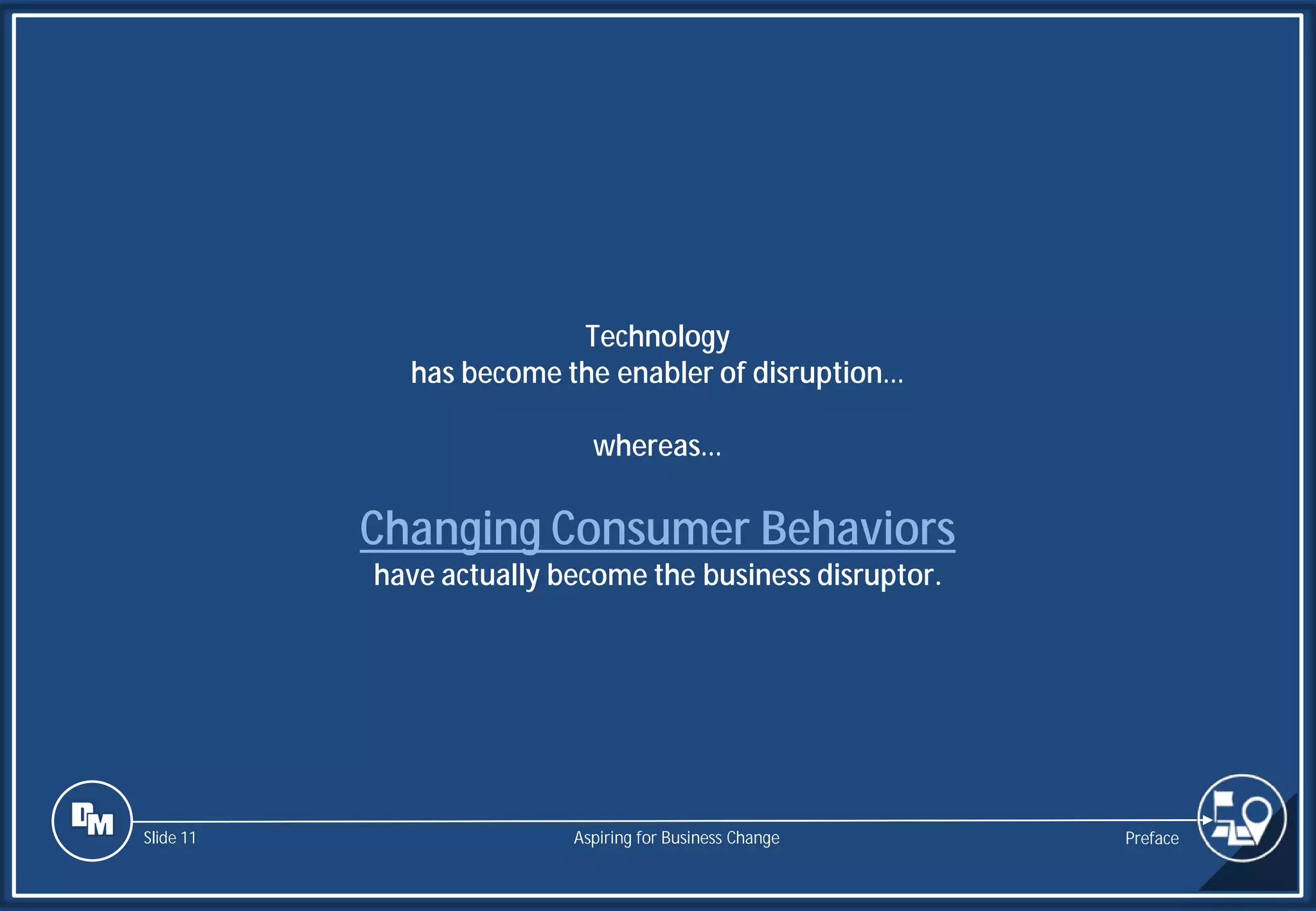 Slide 11
Technology
has become the enabler of disruption…
whereas…
Changing Consumer Behaviors
have actually become the business disruptor.
Preface
Aspiring for Business Change
 