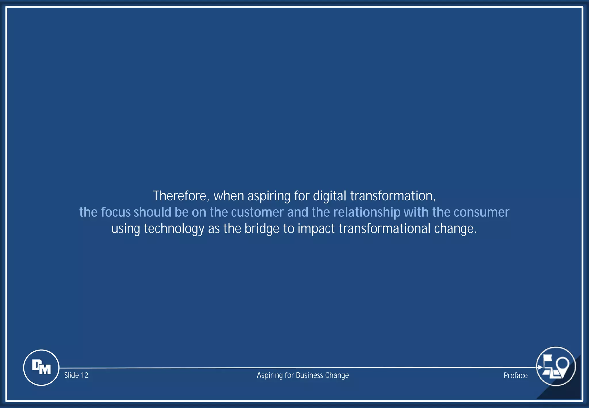 Slide 12
Therefore, when aspiring for digital transformation,
the focus should be on the customer and the relationship with the consumer
using technology as the bridge to impact transformational change.
Preface
Aspiring for Business Change
 