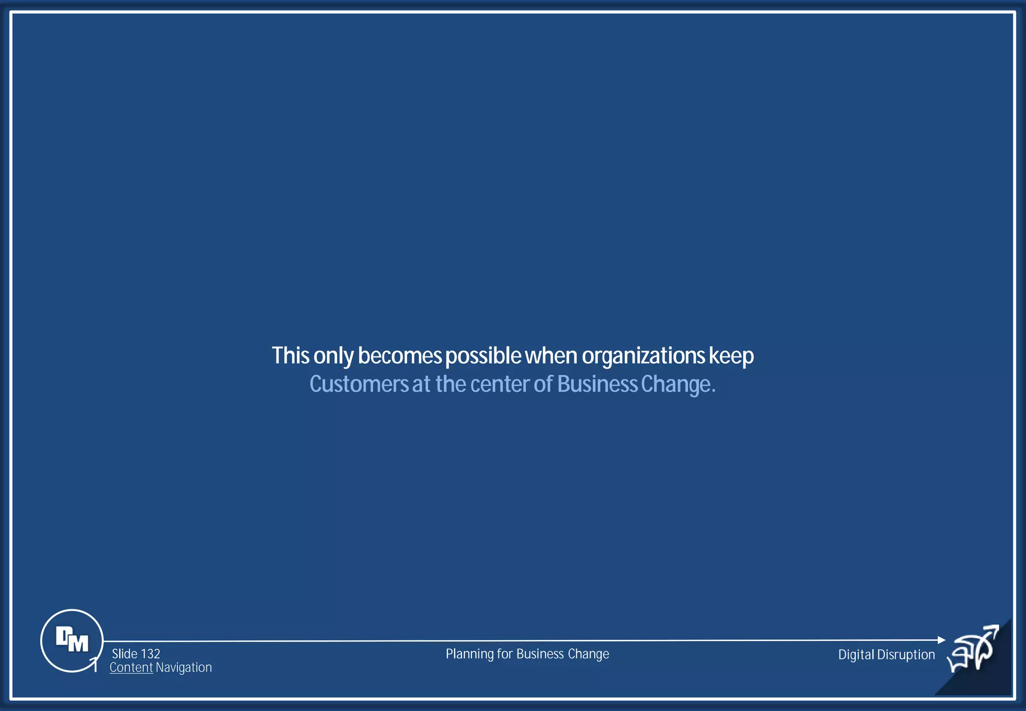 Slide 132
Thisonlybecomespossiblewhen organizationskeep
Customersat the centerof BusinessChange.
Planning for Business Change Digital Disruption
1 Content Navigation
 
