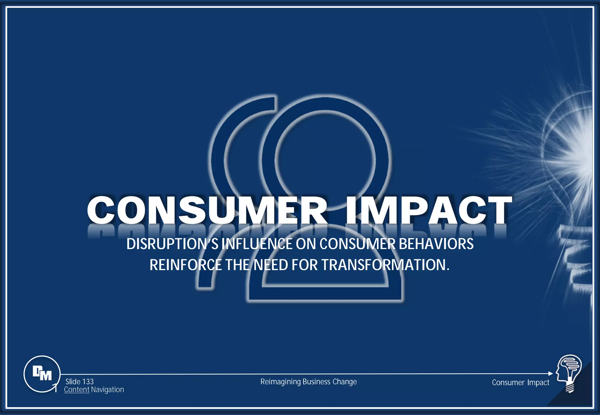 Slide 133
DISRUPTION’S INFLUENCE ON CONSUMER BEHAVIORS
REINFORCE THE NEED FOR TRANSFORMATION.
CONSUMER IMPACT
Consumer Impact
Reimagining Business Change
1 Content Navigation
 
