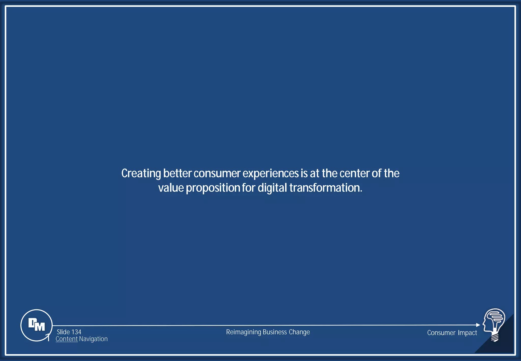 Slide 134
Creating betterconsumerexperiencesis at the centerof the
valuepropositionfor digital transformation.
Reimagining Business Change Consumer Impact
1 Content Navigation
 