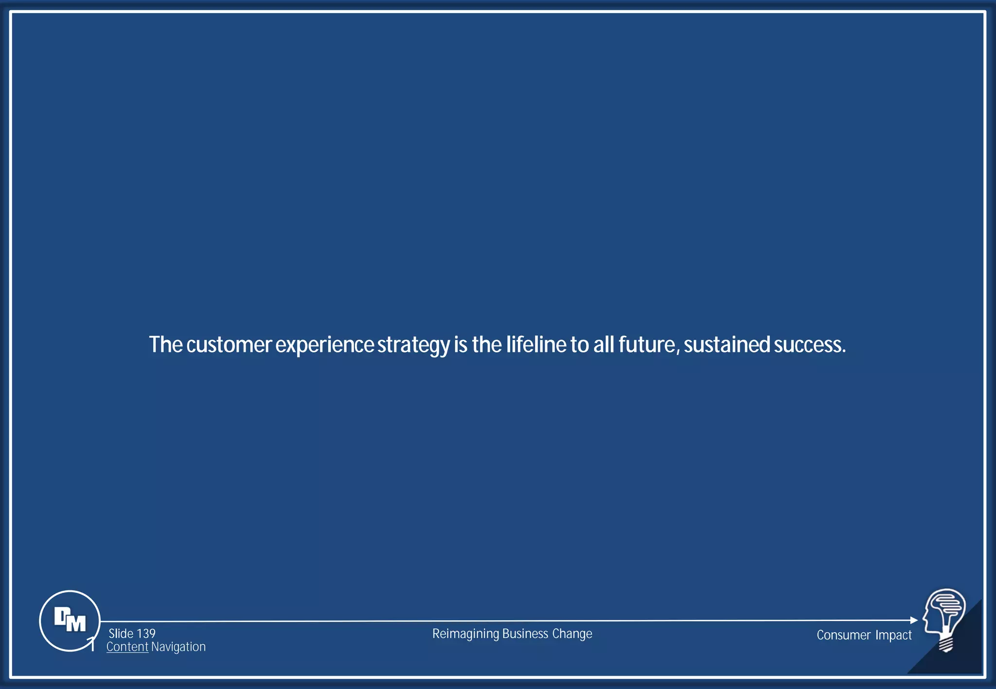 Slide 139
Thecustomerexperiencestrategyis the lifelineto all future,sustainedsuccess.
Reimagining Business Change Consumer Impact
1 Content Navigation
 