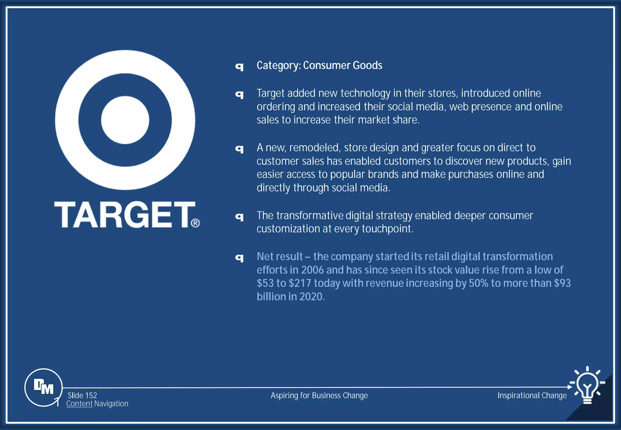 Slide 152
q Category: Consumer Goods
q Target added new technology in their stores, introduced online
ordering and increased their social media, web presence and online
sales to increase their market share.
q A new, remodeled, store design and greater focus on direct to
customer sales has enabled customers to discover new products, gain
easier access to popular brands and make purchases online and
directly through social media.
q The transformative digital strategy enabled deeper consumer
customization at every touchpoint.
q Net result – the company startedits retail digital transformation
efforts in 2006 and has since seen its stock value rise from a low of
$53 to $217 today with revenue increasing by 50% to more than $93
billion in 2020.
Aspiring for Business Change Inspirational Change
1 Content Navigation
 
