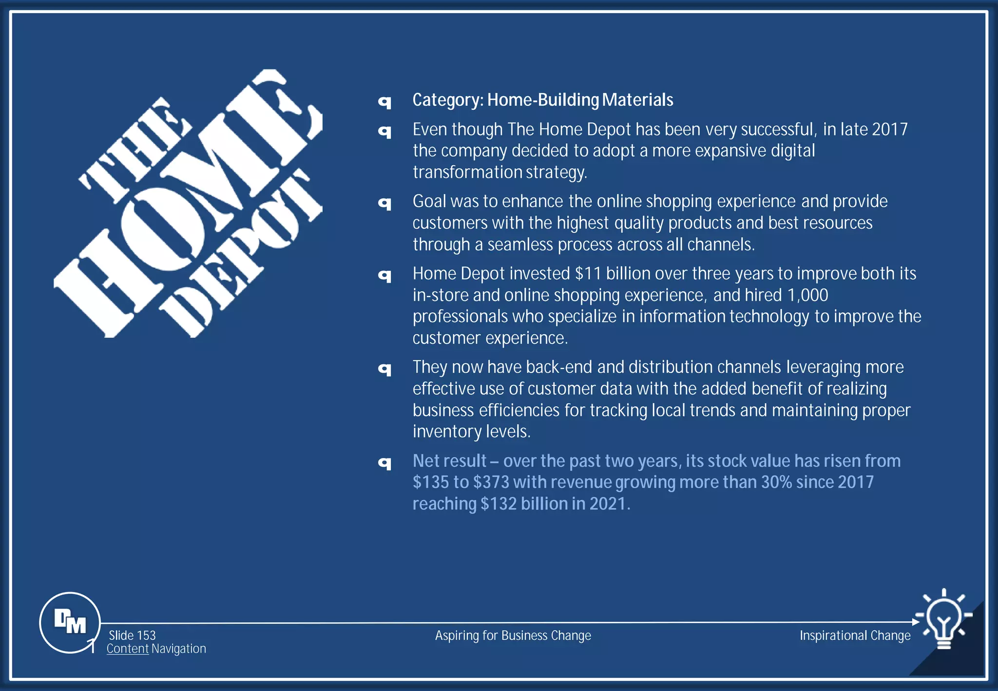 Slide 153
q Category: Home-BuildingMaterials
q Even though The Home Depot has been very successful, in late 2017
the company decided to adopt a more expansive digital
transformation strategy.
q Goal was to enhance the online shopping experience and provide
customers with the highest quality products and best resources
through a seamless process across all channels.
q Home Depot invested $11 billion over three years to improve both its
in-store and online shopping experience, and hired 1,000
professionals who specialize in information technology to improve the
customer experience.
q They now have back-end and distribution channels leveraging more
effective use of customer data with the added benefit of realizing
business efficiencies for tracking local trends and maintaining proper
inventory levels.
q Net result – over the past two years, its stock value has risen from
$135 to $373 with revenue growing more than 30% since 2017
reaching $132 billion in 2021.
Aspiring for Business Change Inspirational Change
1 Content Navigation
 