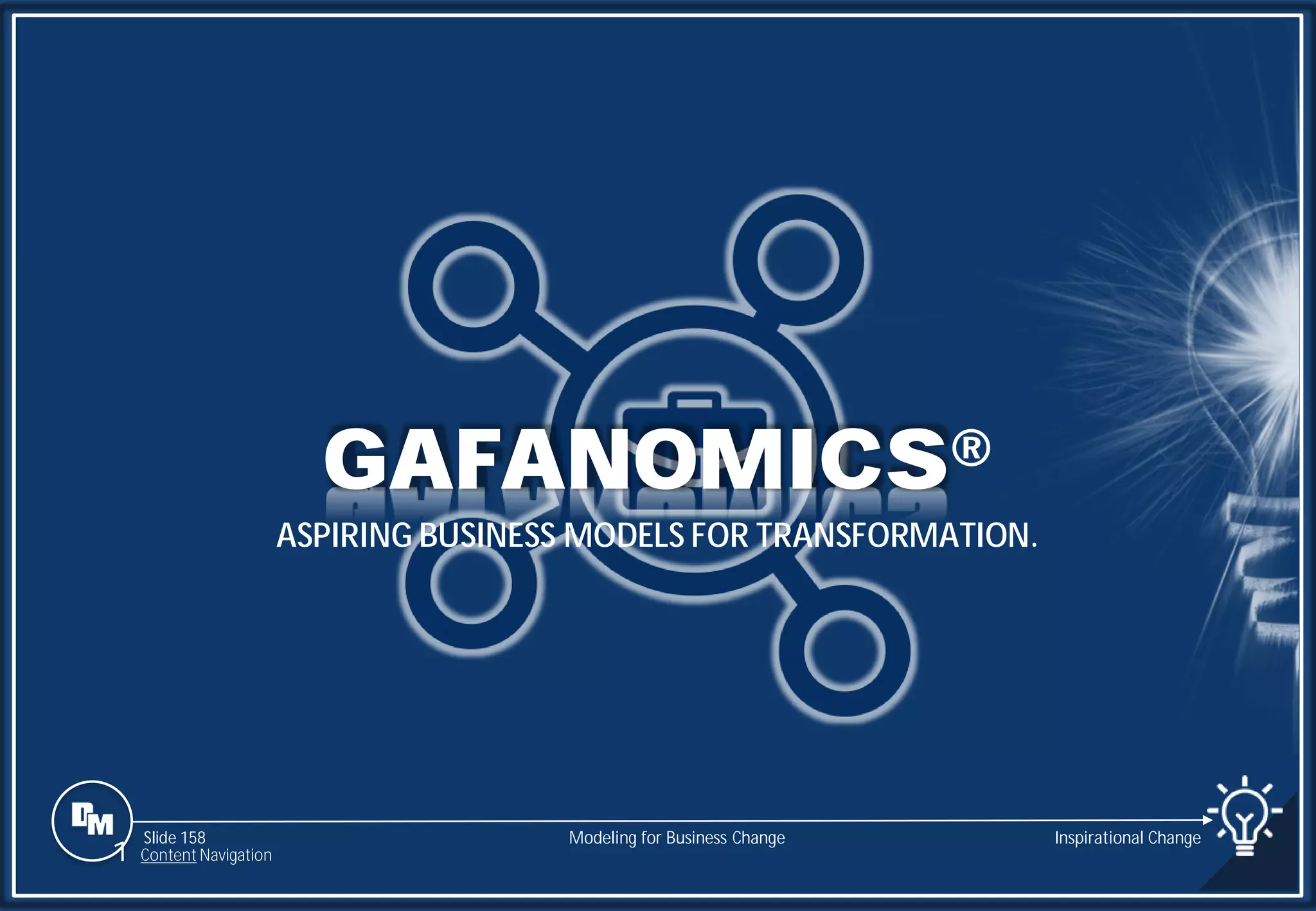 Slide 158
ASPIRING BUSINESS MODELS FOR TRANSFORMATION.
GAFANOMICS®
Modeling for Business Change Inspirational Change
1 Content Navigation
 