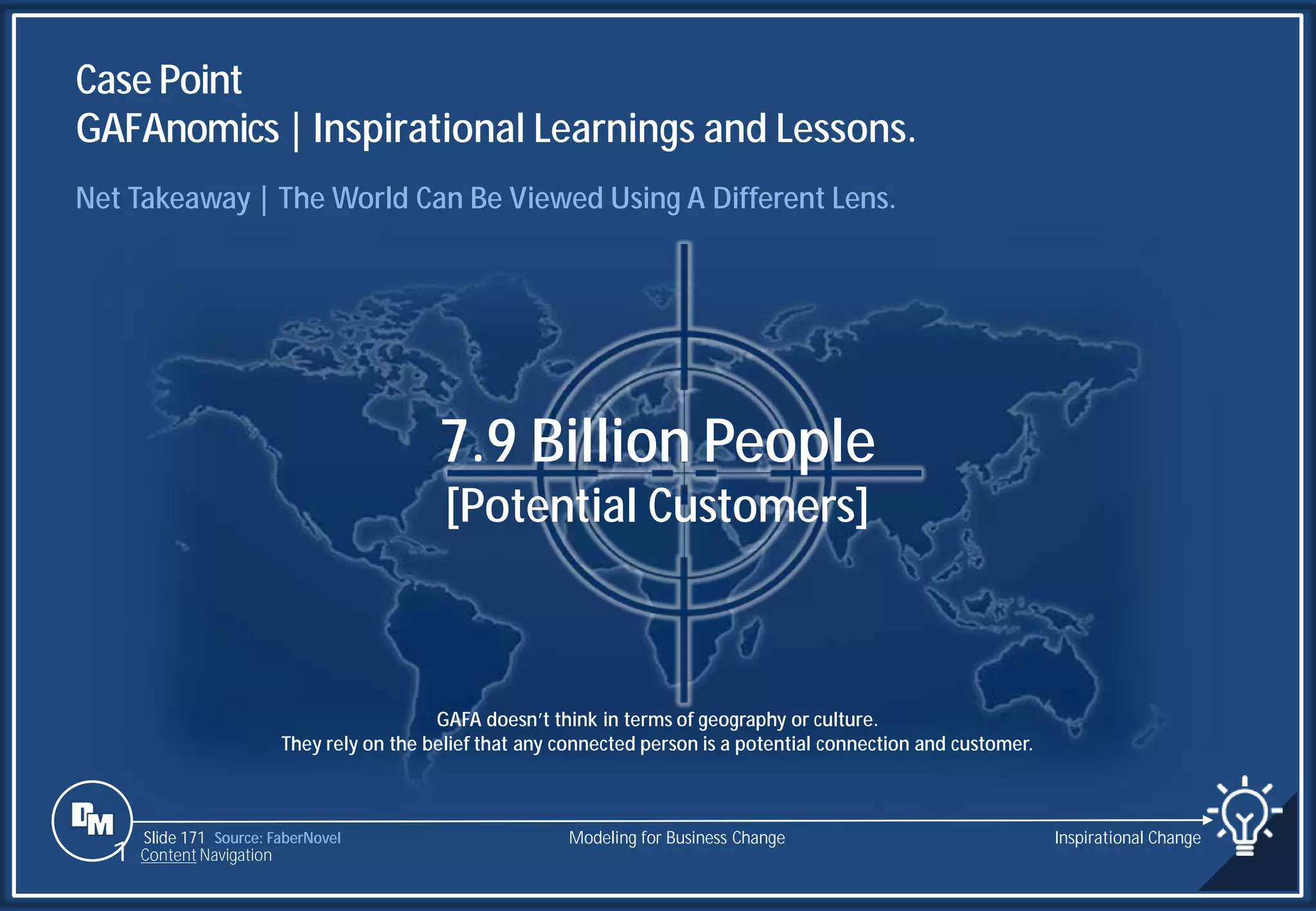 Slide 171
Case Point
GAFAnomics | Inspirational Learnings and Lessons.
7.9 Billion People
[Potential Customers]
Source: FaberNovel
GAFA doesn’t think in terms of geography or culture.
They rely on the belief that any connected person is a potential connection and customer.
Net Takeaway | The World Can Be Viewed Using A Different Lens.
Modeling for Business Change Inspirational Change
1 Content Navigation
 