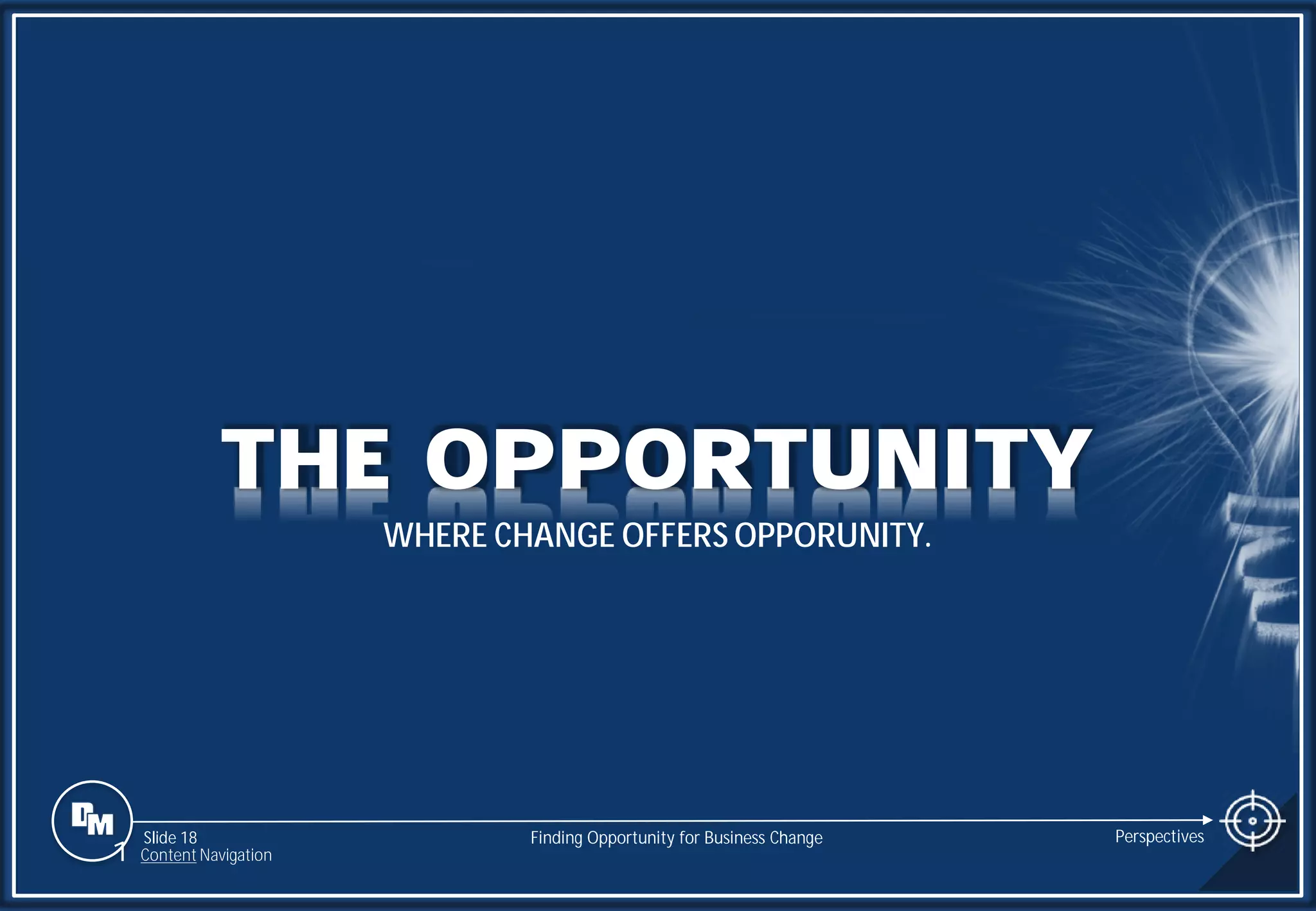 Slide 18
THE OPPORTUNITY
WHERE CHANGE OFFERS OPPORUNITY.
Finding Opportunity for Business Change Perspectives
1 Content Navigation
 