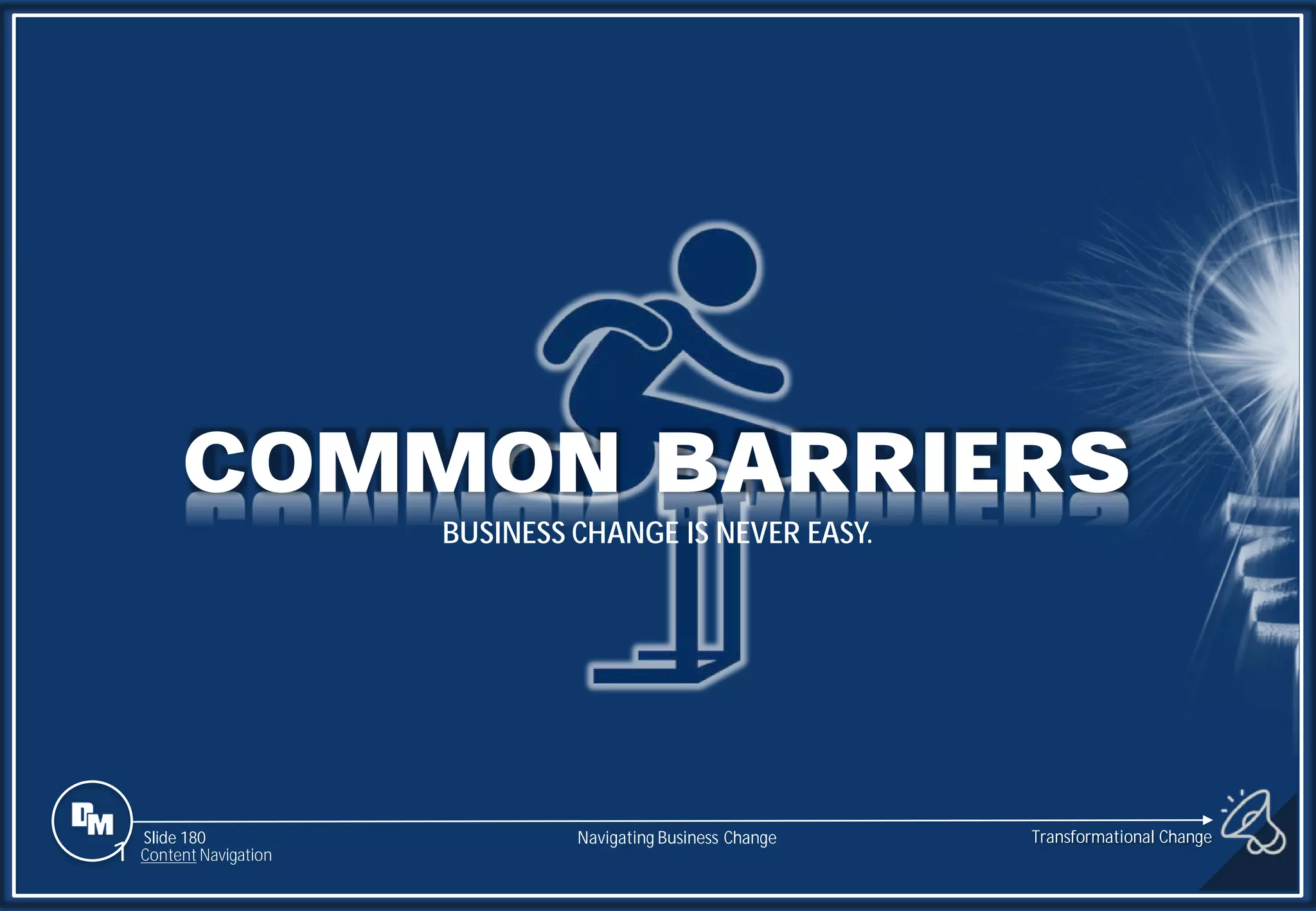 Slide 180
COMMON BARRIERS
BUSINESS CHANGE IS NEVER EASY.
1 Content Navigation
Transformational Change
Navigating Business Change
 