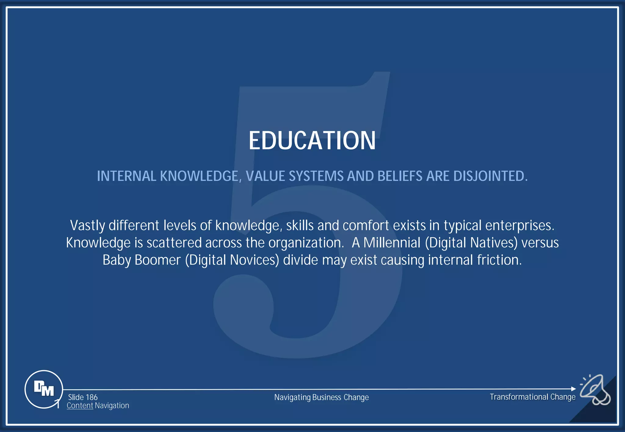 Slide 186
EDUCATION
INTERNAL KNOWLEDGE, VALUE SYSTEMS AND BELIEFS ARE DISJOINTED.
Vastly different levels of knowledge, skills and comfort exists in typical enterprises.
Knowledge is scattered across the organization. A Millennial (Digital Natives) versus
Baby Boomer (Digital Novices) divide may exist causing internal friction.
1 Content Navigation
Transformational Change
Navigating Business Change
 