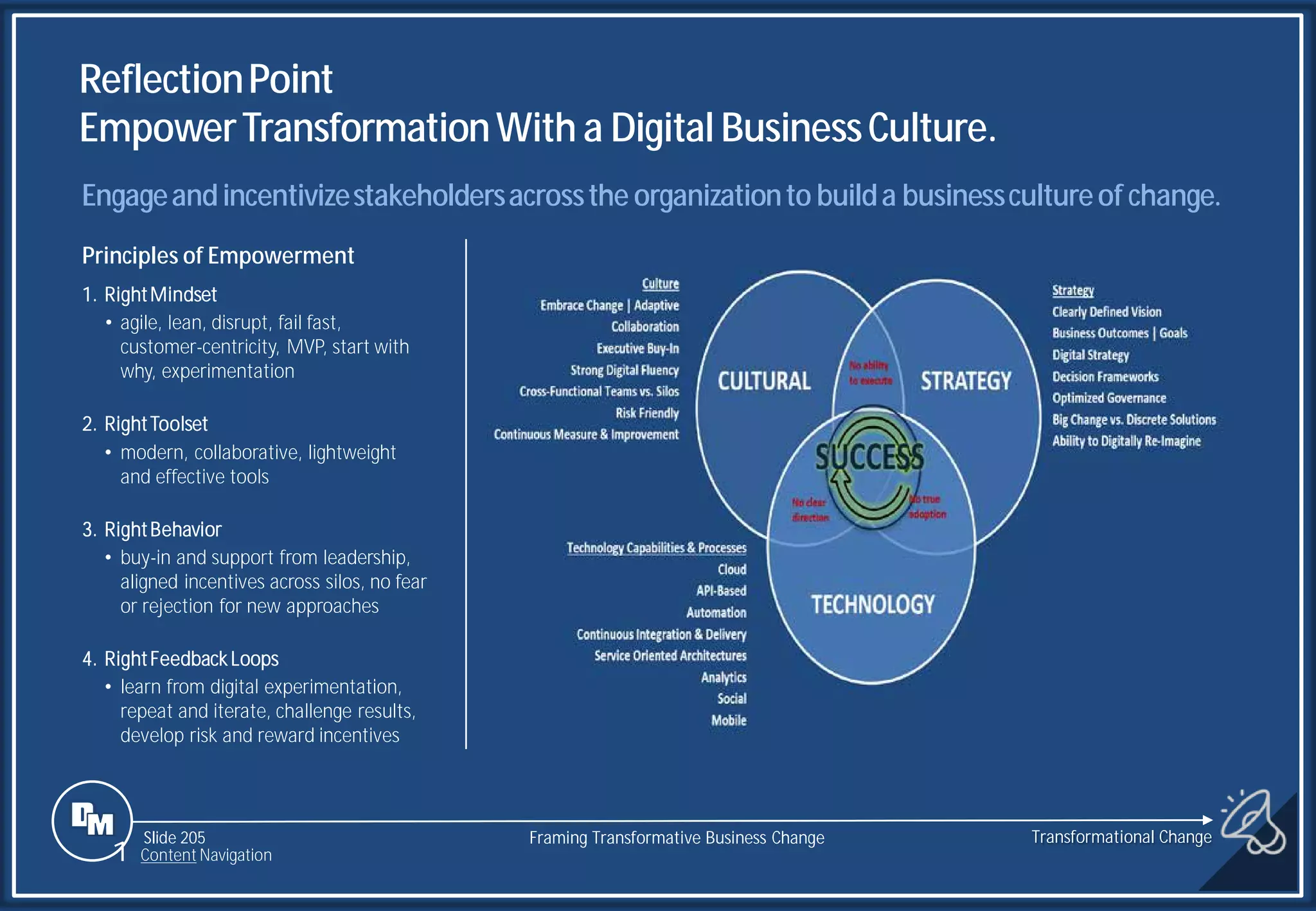 Slide 205
ReflectionPoint
EmpowerTransformationWith a Digital BusinessCulture.
Principles of Empowerment
1. RightMindset
• agile, lean, disrupt, fail fast,
customer-centricity, MVP, start with
why, experimentation
2. RightToolset
• modern, collaborative, lightweight
and effective tools
3. RightBehavior
• buy-in and support from leadership,
aligned incentives across silos, no fear
or rejection for new approaches
4. RightFeedback Loops
• learn from digital experimentation,
repeat and iterate, challenge results,
develop risk and reward incentives
Engageandincentivizestakeholdersacrossthe organizationto builda businesscultureof change.
Transformational Change
1 Content Navigation
Framing Transformative Business Change
 