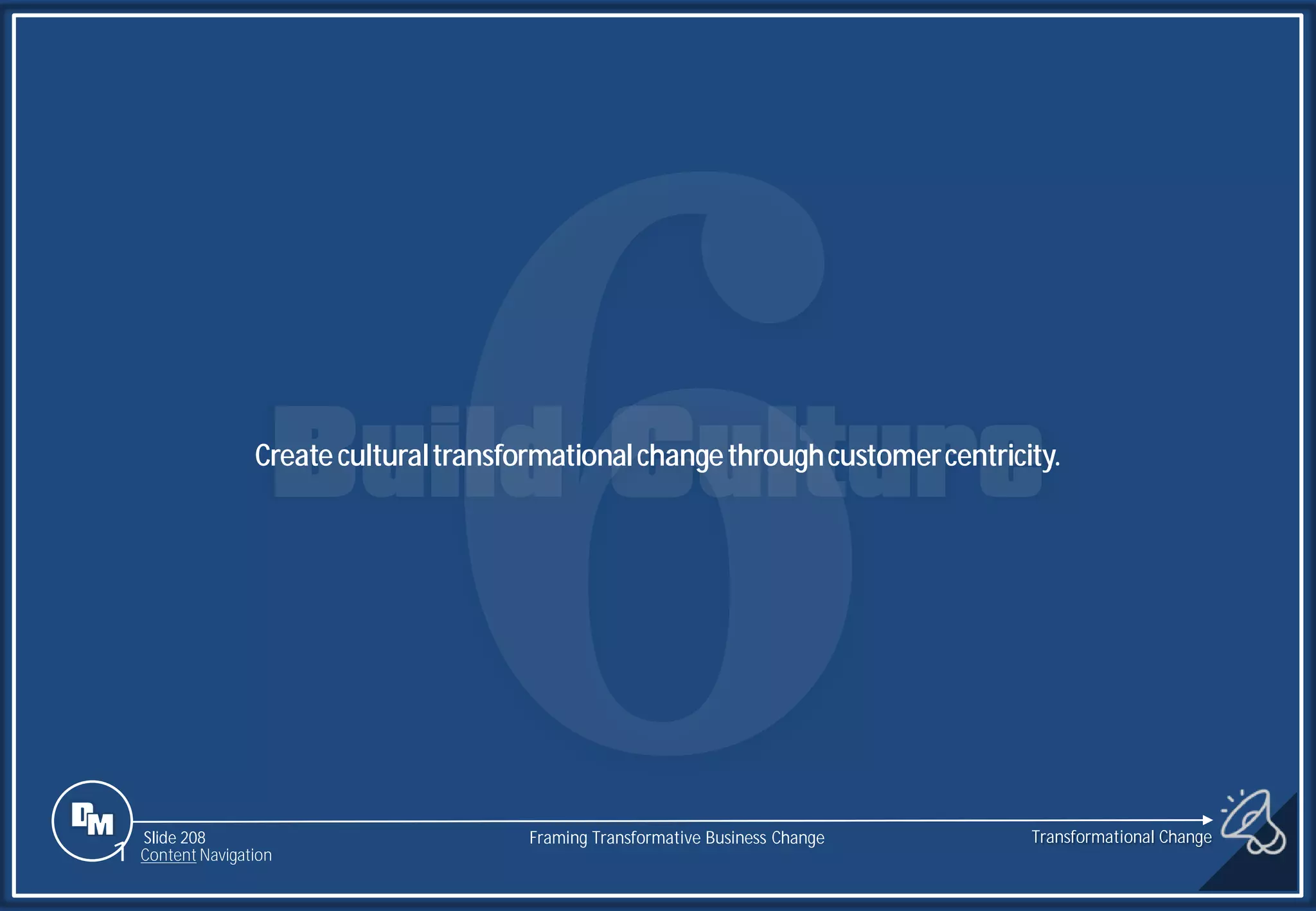Slide 208
Createculturaltransformationalchangethroughcustomercentricity.
Transformational Change
1 Content Navigation
Framing Transformative Business Change
 