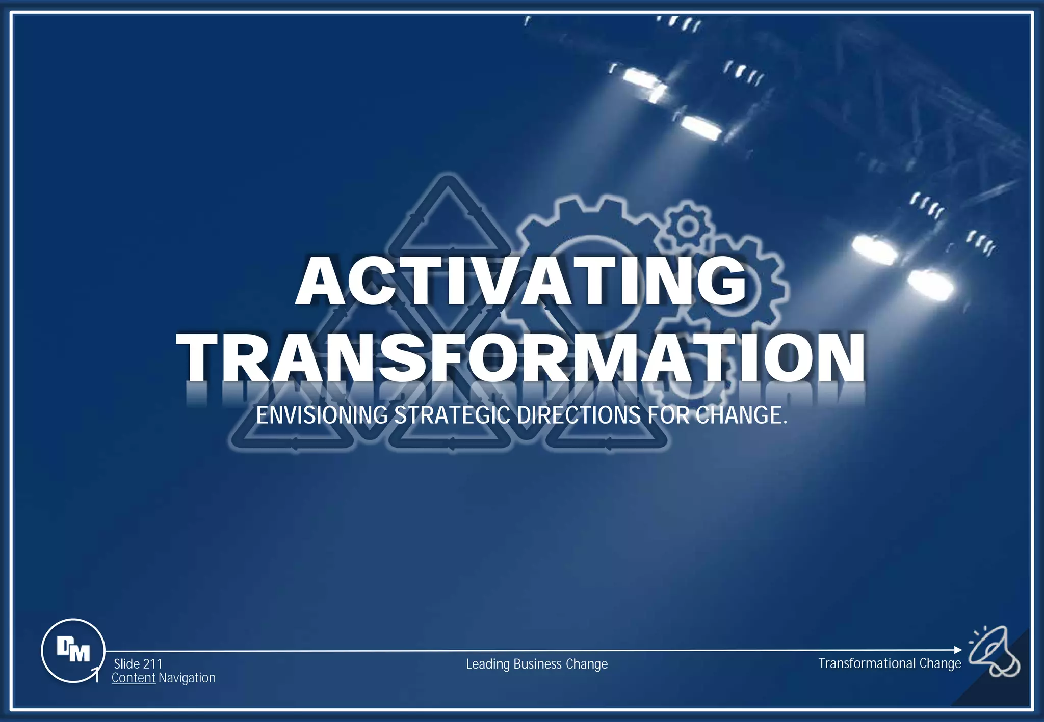 Slide 211
ACTIVATING
TRANSFORMATION
ENVISIONING STRATEGIC DIRECTIONS FOR CHANGE.
Leading Business Change
1 Content Navigation
Transformational Change
 