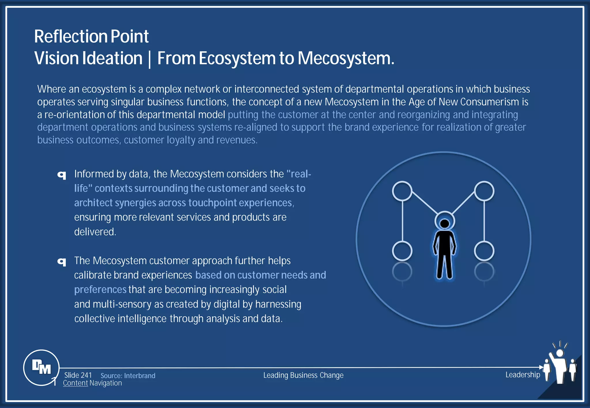 Slide 241
ReflectionPoint
VisionIdeation| FromEcosystemto Mecosystem.
Where an ecosystem is a complex network or interconnected system of departmental operations in which business
operates serving singular business functions, the concept of a new Mecosystem in the Age of New Consumerism is
a re-orientation of this departmental model putting the customer at the center and reorganizing and integrating
department operations and business systems re-aligned to support the brand experience for realization of greater
business outcomes, customer loyalty and revenues.
q Informed by data, the Mecosystem considers the "real-
life" contexts surrounding the customer and seeks to
architect synergies across touchpoint experiences,
ensuring more relevant services and products are
delivered.
q The Mecosystem customer approach further helps
calibrate brand experiences based on customer needs and
preferencesthat are becoming increasingly social
and multi-sensory as created by digital by harnessing
collective intelligence through analysis and data.
Source: Interbrand Leading Business Change Leadership
1 Content Navigation
 