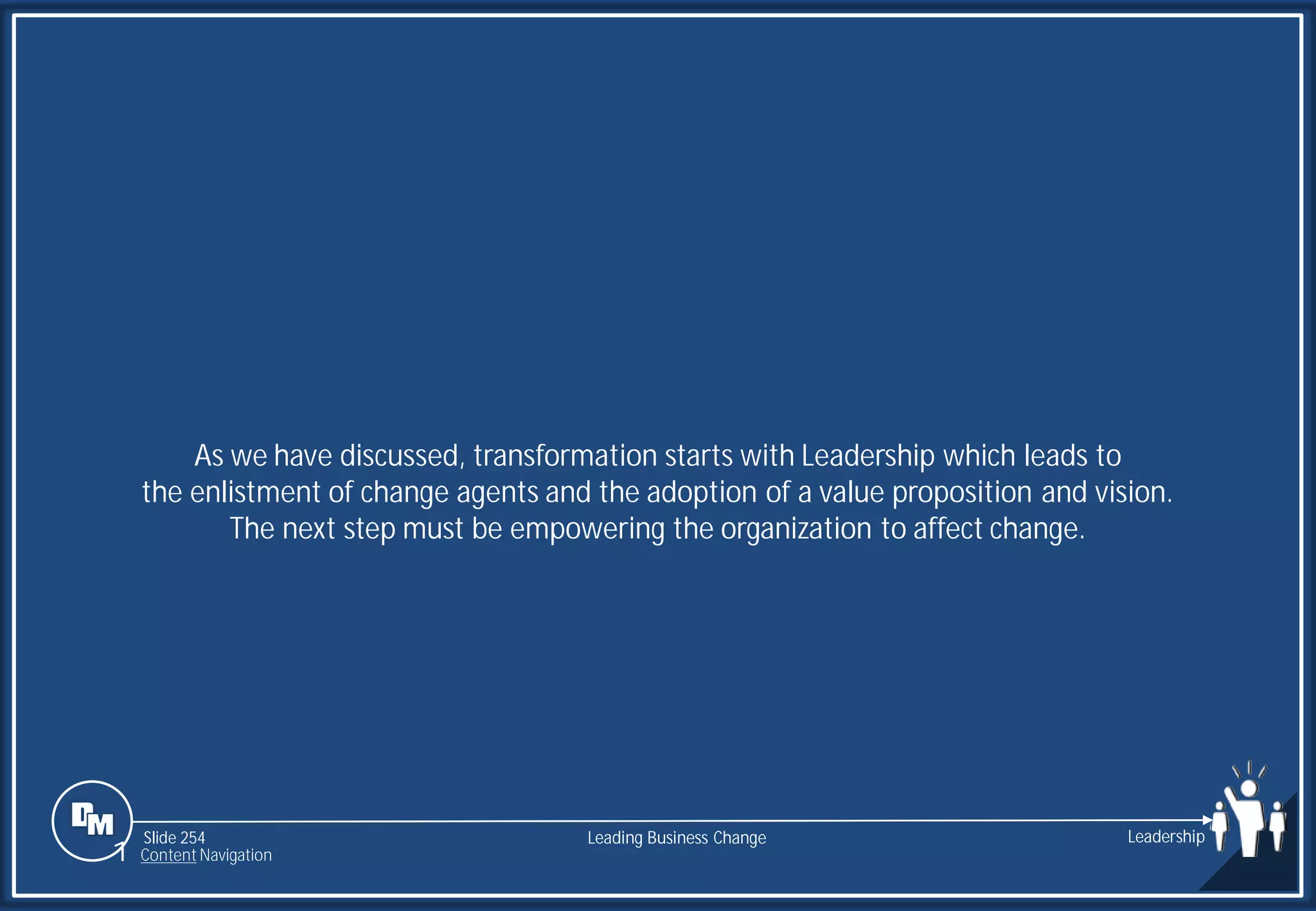 Slide 254
As we have discussed, transformation starts with Leadership which leads to
the enlistment of change agents and the adoption of a value proposition and vision.
The next step must be empowering the organization to affect change.
Leading Business Change Leadership
1 Content Navigation
 