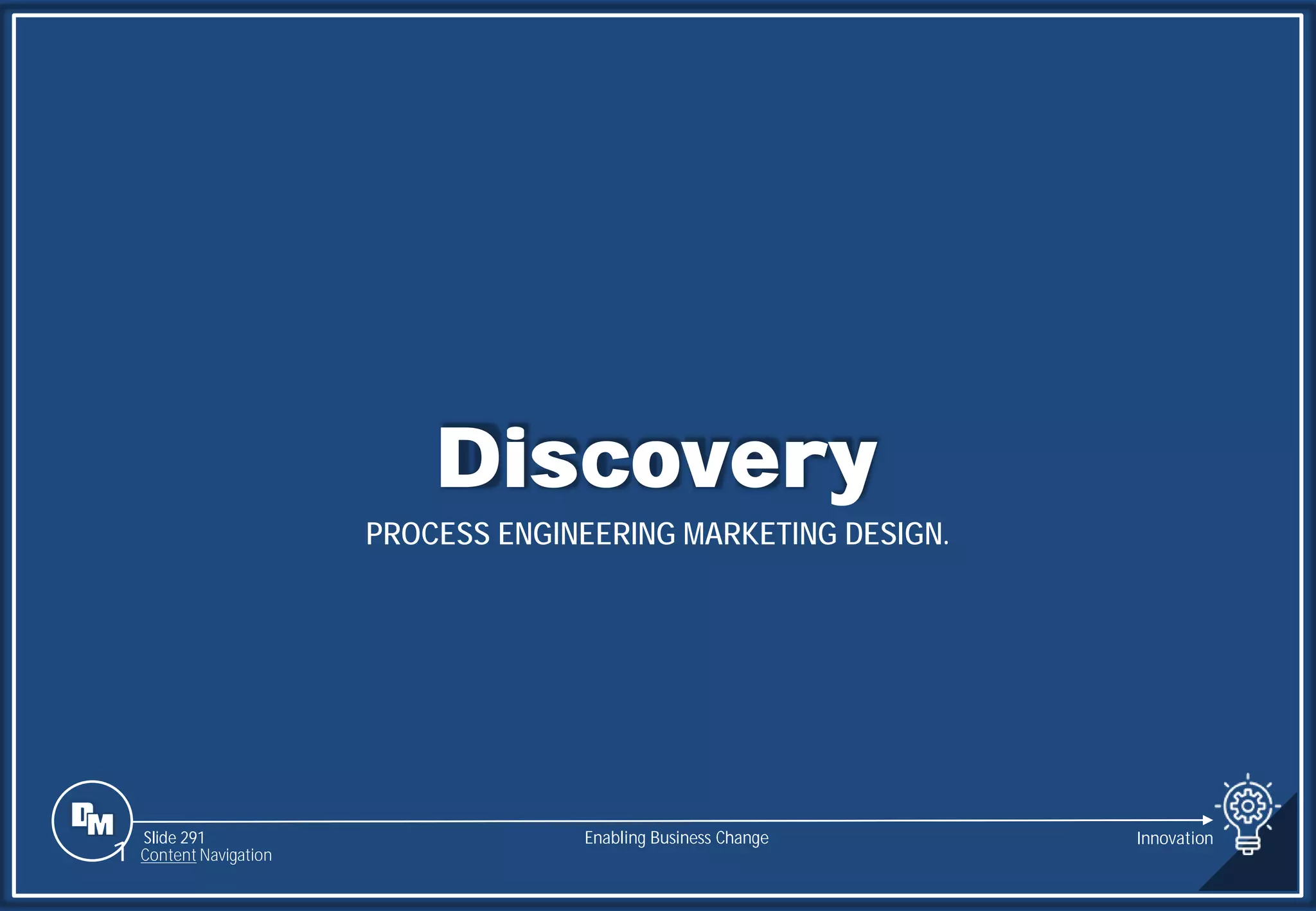 Slide 291
Discovery
PROCESS ENGINEERING MARKETING DESIGN.
Enabling Business Change
1 Content Navigation
Innovation
 