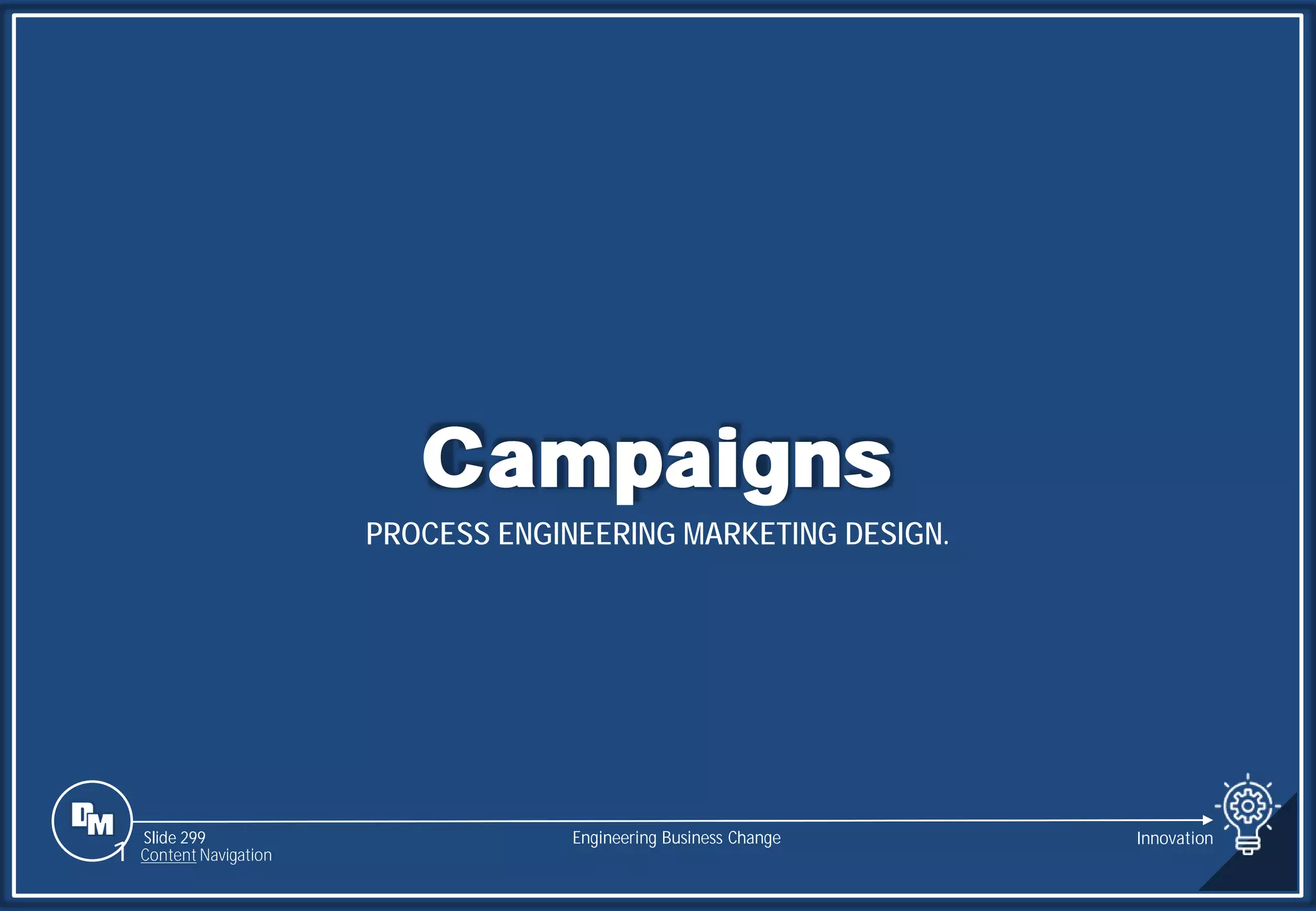 Slide 299
Campaigns
PROCESS ENGINEERING MARKETING DESIGN.
Engineering Business Change
1 Content Navigation
Innovation
 