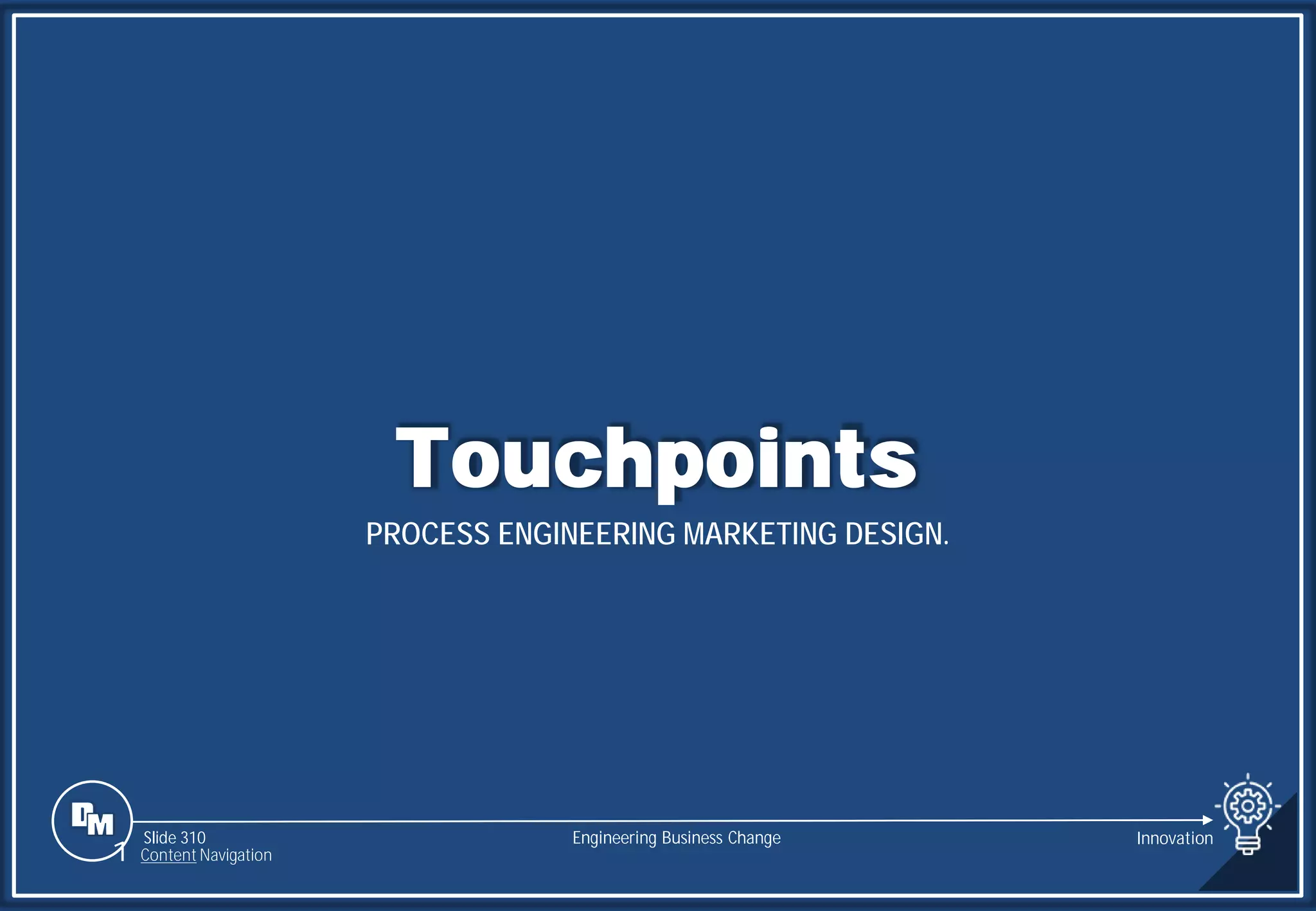 Slide 310
Touchpoints
PROCESS ENGINEERING MARKETING DESIGN.
Engineering Business Change
1 Content Navigation
Innovation
 