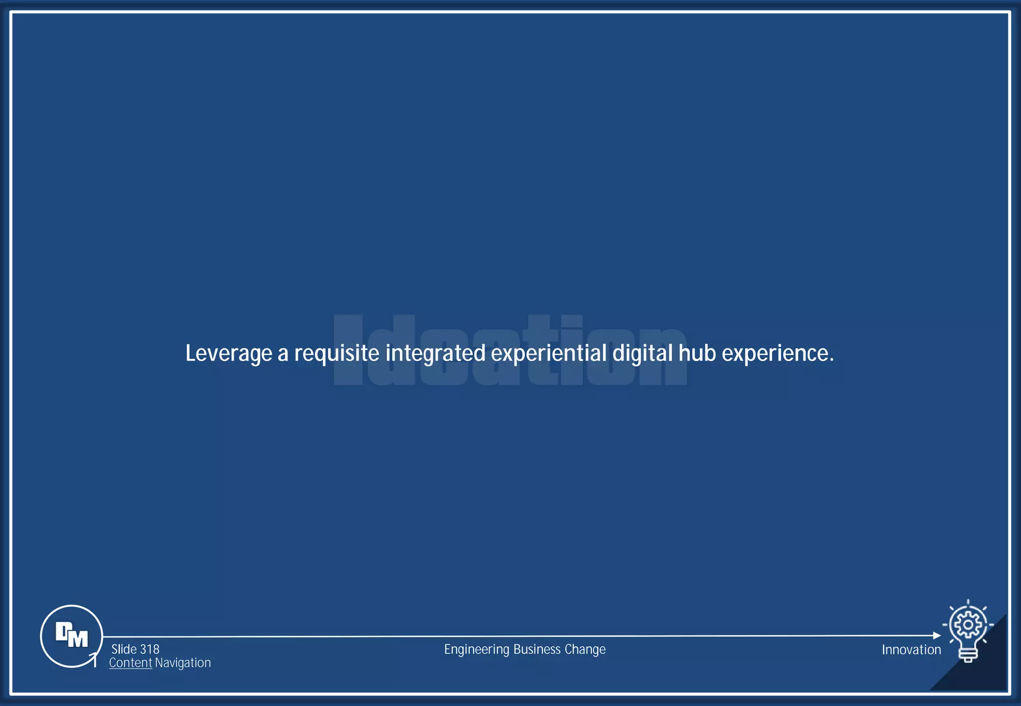 Slide 318
Leverage a requisite integrated experiential digital hub experience.
Engineering Business Change Innovation
1 Content Navigation
 