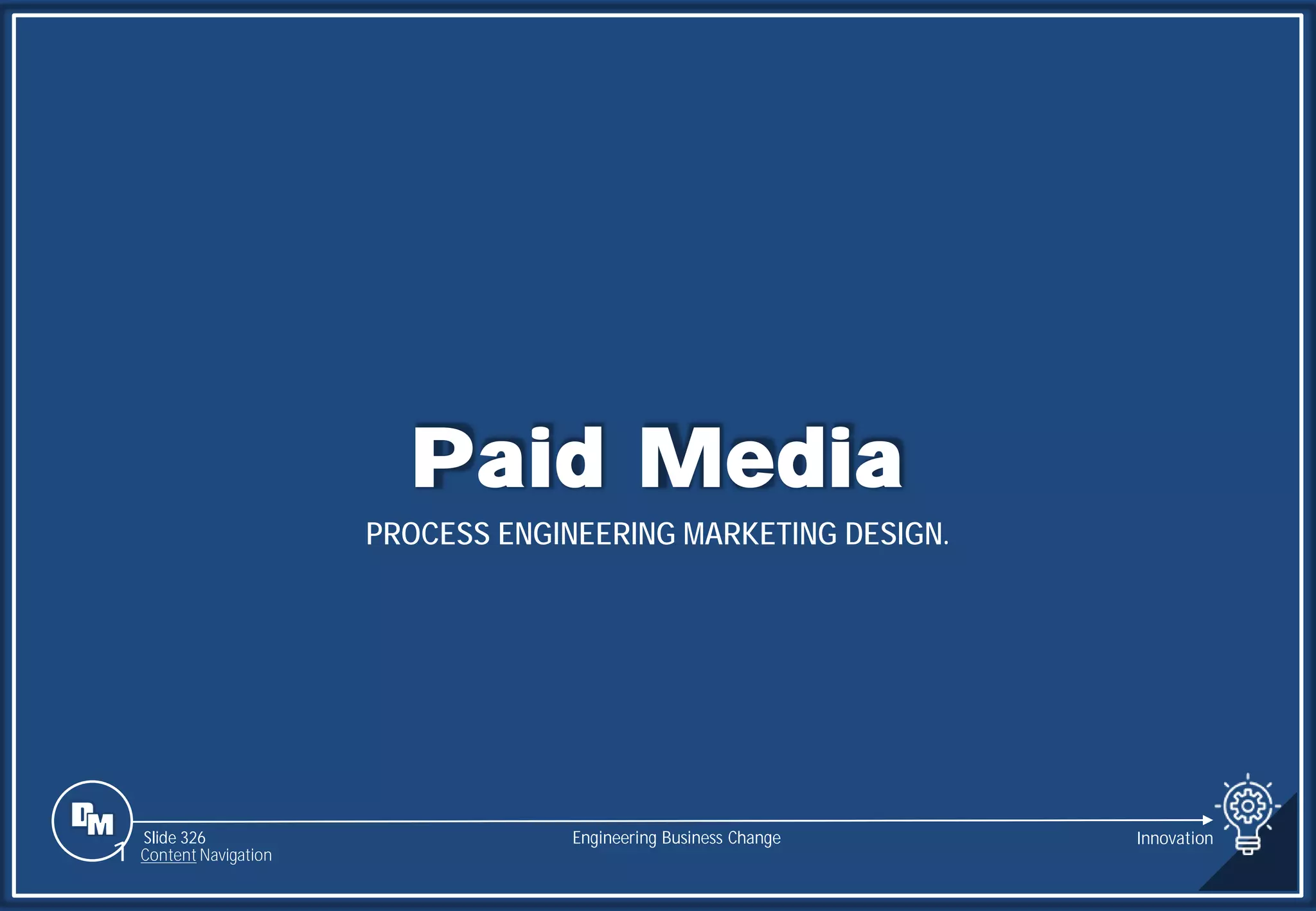 Slide 326
Paid Media
PROCESS ENGINEERING MARKETING DESIGN.
Engineering Business Change
1 Content Navigation
Innovation
 