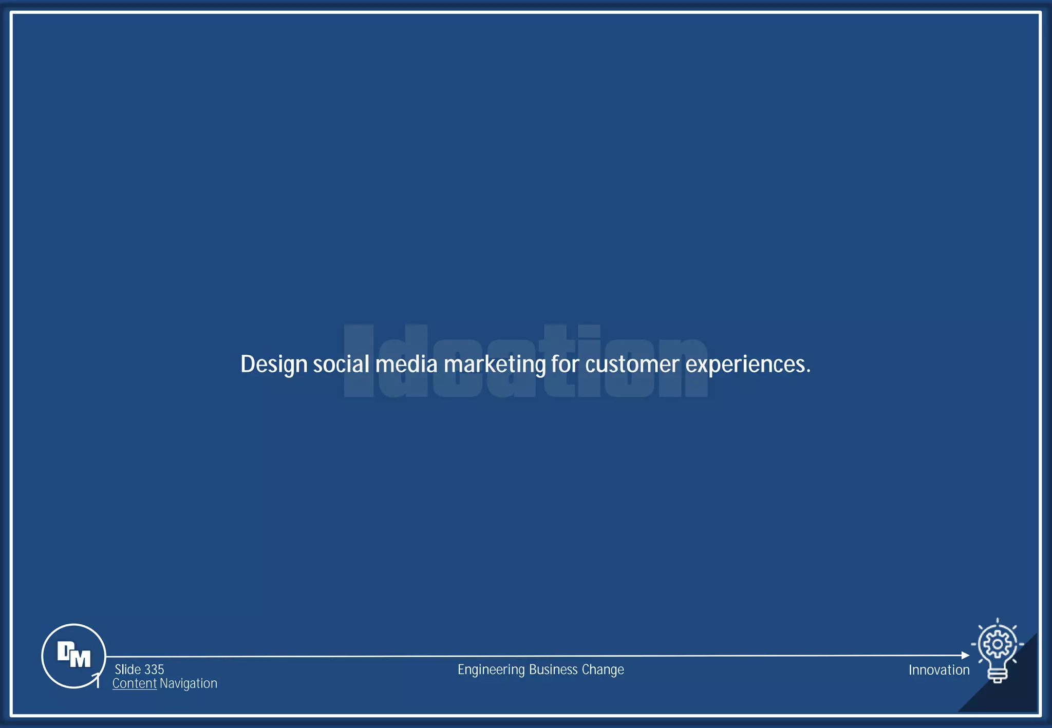 Slide 335
Design social media marketing for customer experiences.
Engineering Business Change Innovation
1 Content Navigation
 