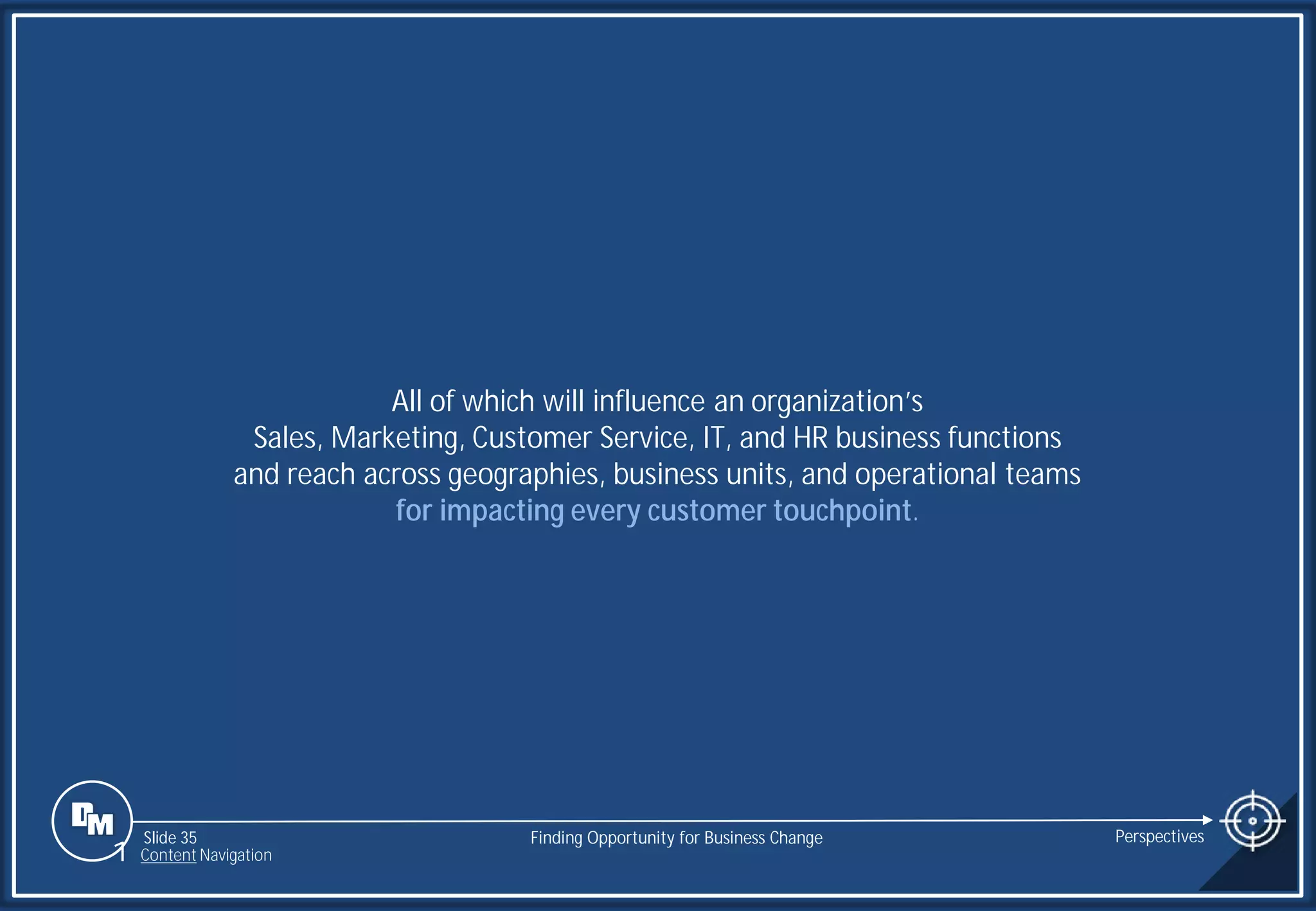 Slide 35
All of which will influence an organization’s
Sales, Marketing, Customer Service, IT, and HR business functions
and reach across geographies, business units, and operational teams
for impacting every customer touchpoint.
Finding Opportunity for Business Change Perspectives
1 Content Navigation
 