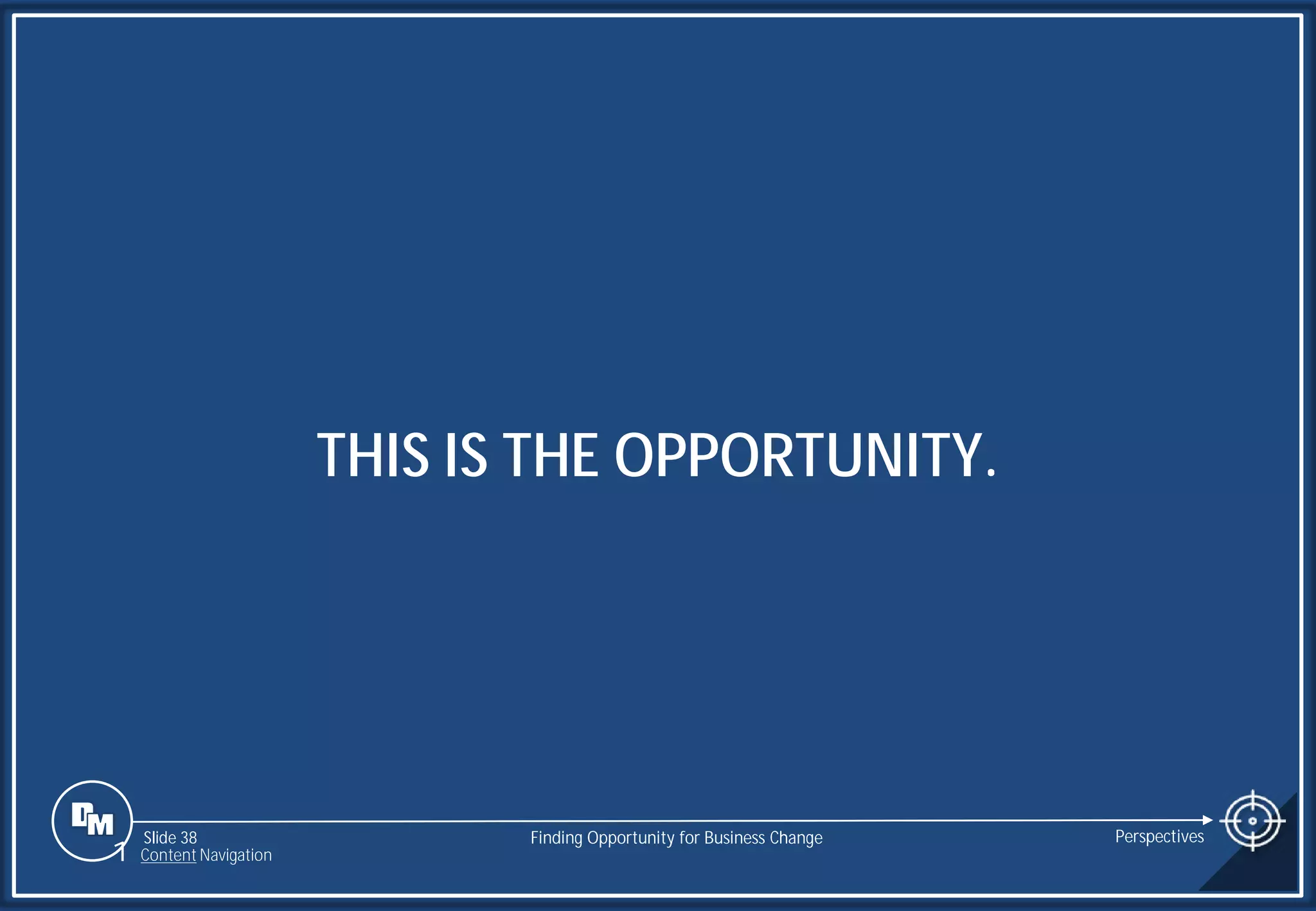 Slide 38
THIS IS THE OPPORTUNITY.
Finding Opportunity for Business Change Perspectives
1 Content Navigation
 