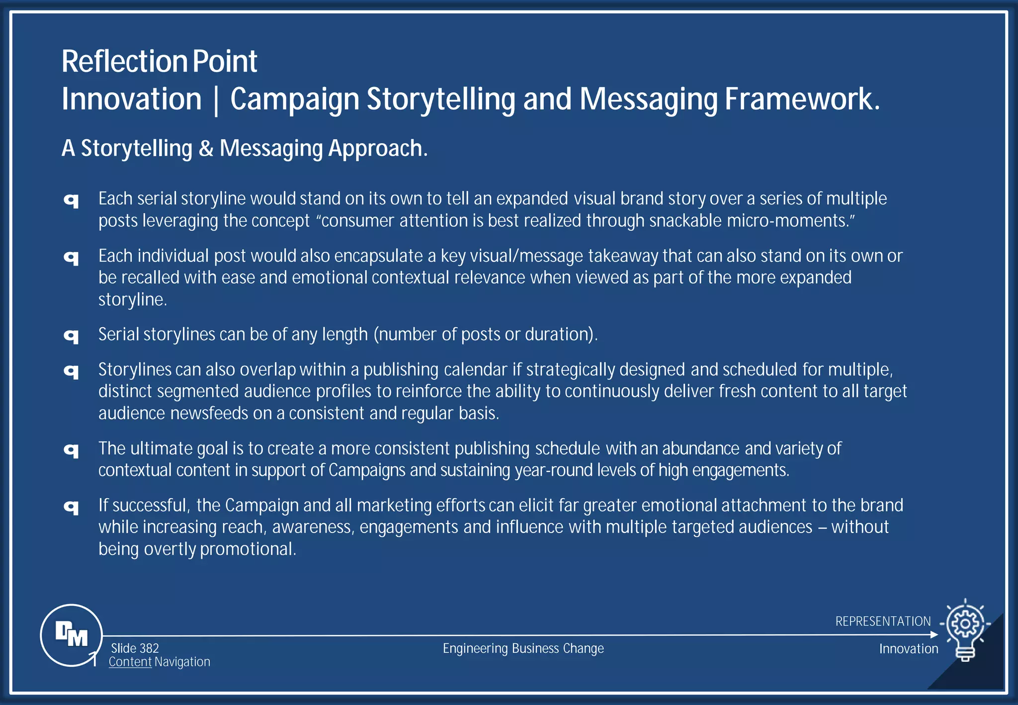 Slide 382
ReflectionPoint
Innovation | Campaign Storytelling and Messaging Framework.
REPRESENTATION
Engineering Business Change Innovation
A Storytelling & Messaging Approach.
q Each serial storyline would stand on its own to tell an expanded visual brand story over a series of multiple
posts leveraging the concept “consumer attention is best realized through snackable micro-moments.”
q Each individual post would also encapsulate a key visual/message takeaway that can also stand on its own or
be recalled with ease and emotional contextual relevance when viewed as part of the more expanded
storyline.
q Serial storylines can be of any length (number of posts or duration).
q Storylines can also overlap within a publishing calendar if strategically designed and scheduled for multiple,
distinct segmented audience profiles to reinforce the ability to continuously deliver fresh content to all target
audience newsfeeds on a consistent and regular basis.
q The ultimate goal is to create a more consistent publishing schedule with an abundance and variety of
contextual content in support of Campaigns and sustaining year-round levels of high engagements.
q If successful, the Campaign and all marketing efforts can elicit far greater emotional attachment to the brand
while increasing reach, awareness, engagements and influence with multiple targeted audiences – without
being overtly promotional.
1 Content Navigation
 