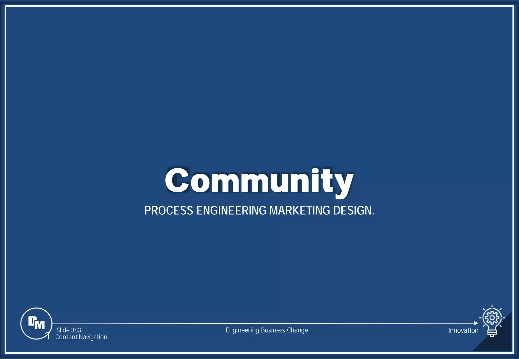 Slide 383
Community
PROCESS ENGINEERING MARKETING DESIGN.
Engineering Business Change
1 Content Navigation
Innovation
 