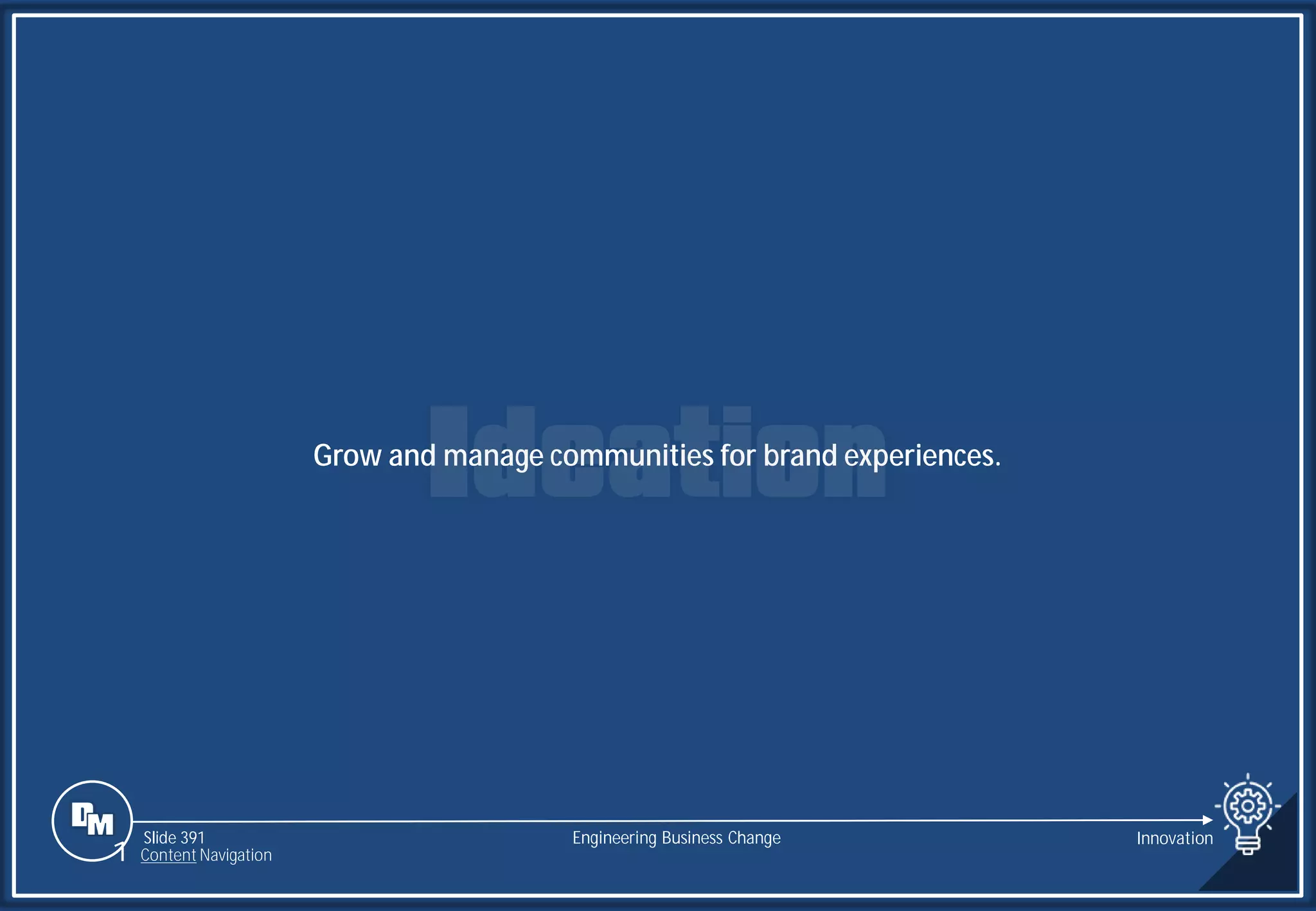 Slide 391
Grow and manage communities for brand experiences.
Engineering Business Change Innovation
1 Content Navigation
 
