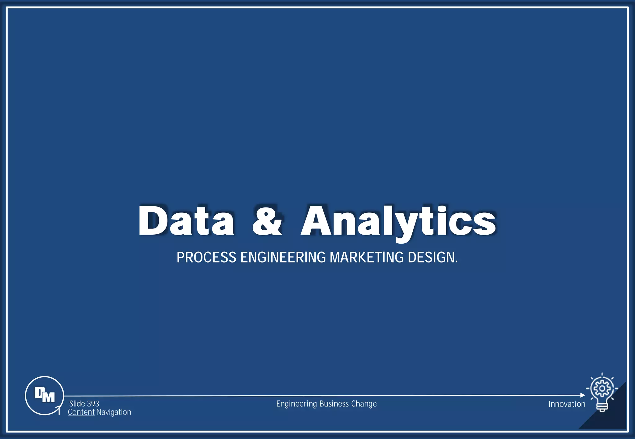 Slide 393
Data & Analytics
PROCESS ENGINEERING MARKETING DESIGN.
Engineering Business Change
1 Content Navigation
Innovation
 