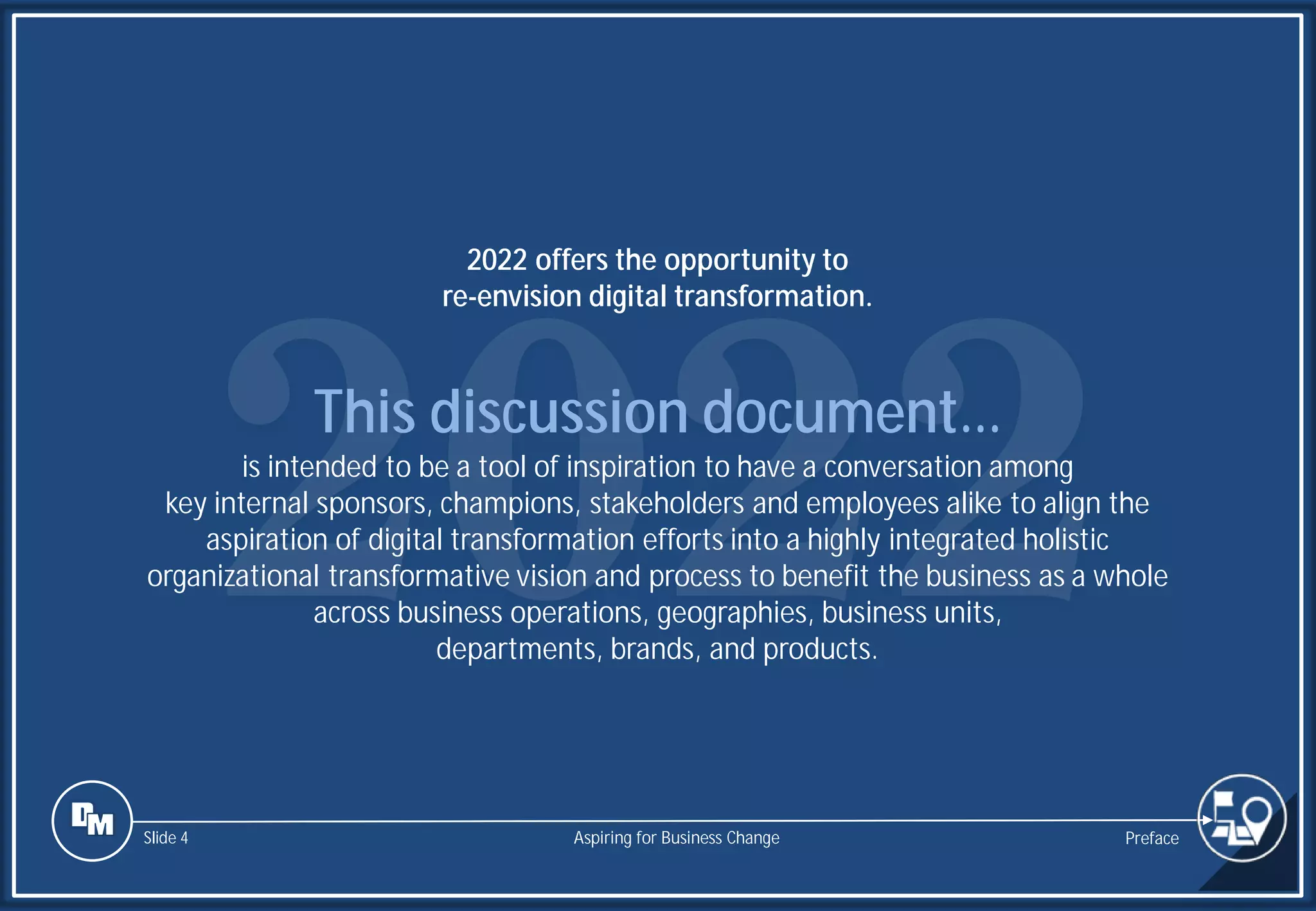 Slide 4
This discussion document…
is intended to be a tool of inspiration to have a conversation among
key internal sponsors, champions, stakeholders and employees alike to align the
aspiration of digital transformation efforts into a highly integrated holistic
organizational transformative vision and process to benefit the business as a whole
across business operations, geographies, business units,
departments, brands, and products.
2022 offers the opportunity to
re-envision digital transformation.
Preface
Aspiring for Business Change
 