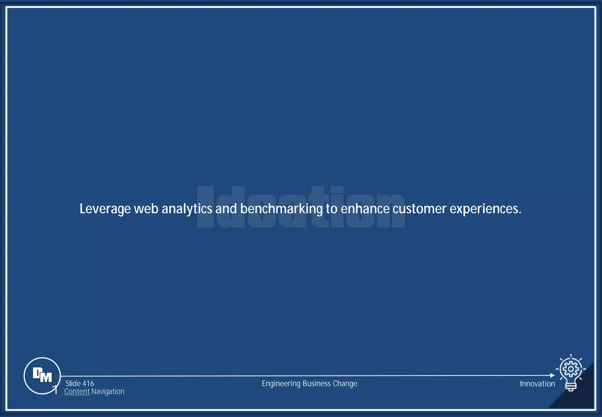 Slide 416
Leverage web analytics and benchmarking to enhance customer experiences.
Engineering Business Change
1 Content Navigation
Innovation
 