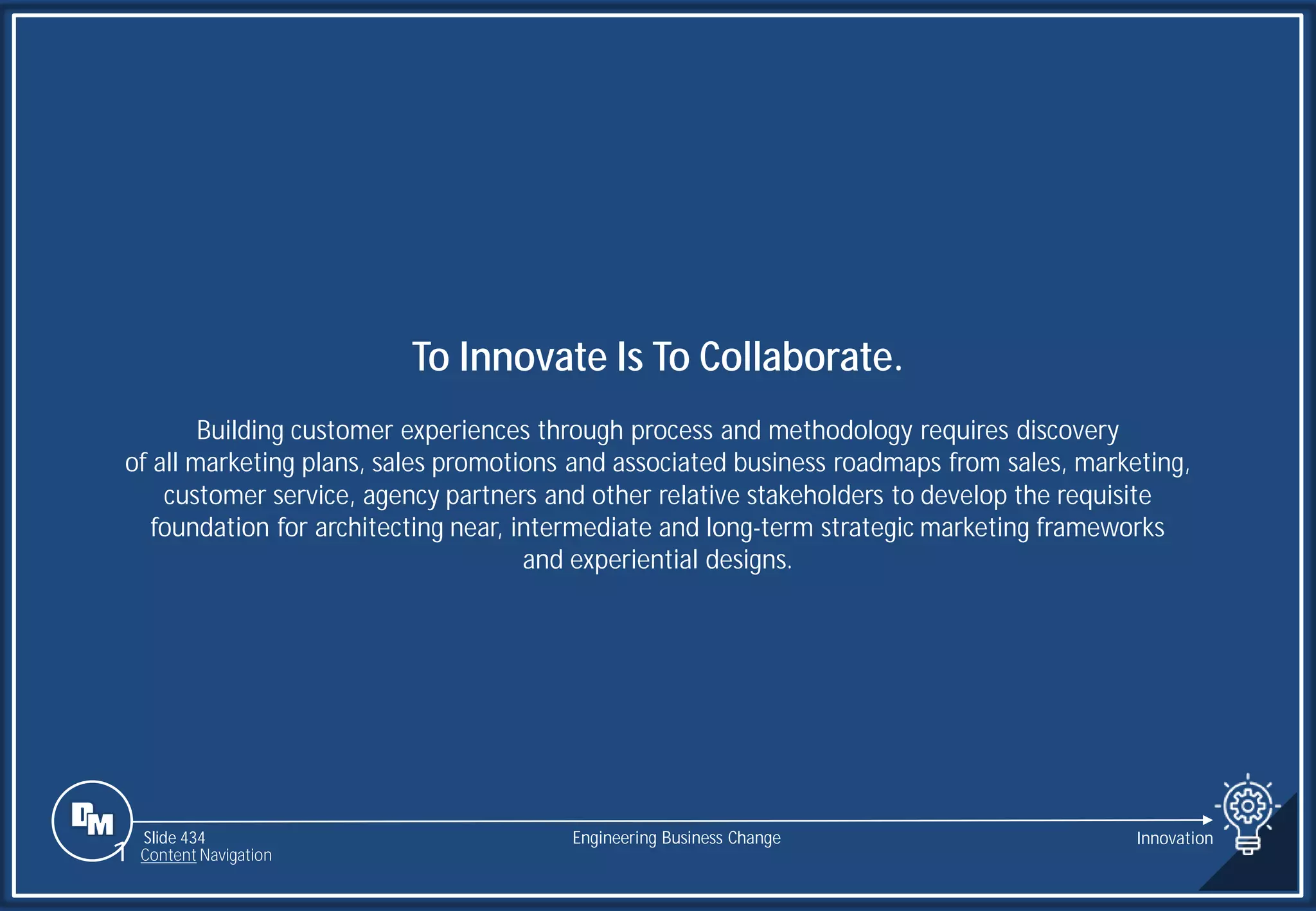 Slide 434
To Innovate Is To Collaborate.
Building customer experiences through process and methodology requires discovery
of all marketing plans, sales promotions and associated business roadmaps from sales, marketing,
customer service, agency partners and other relative stakeholders to develop the requisite
foundation for architecting near, intermediate and long-term strategic marketing frameworks
and experiential designs.
Engineering Business Change Innovation
1 Content Navigation
 
