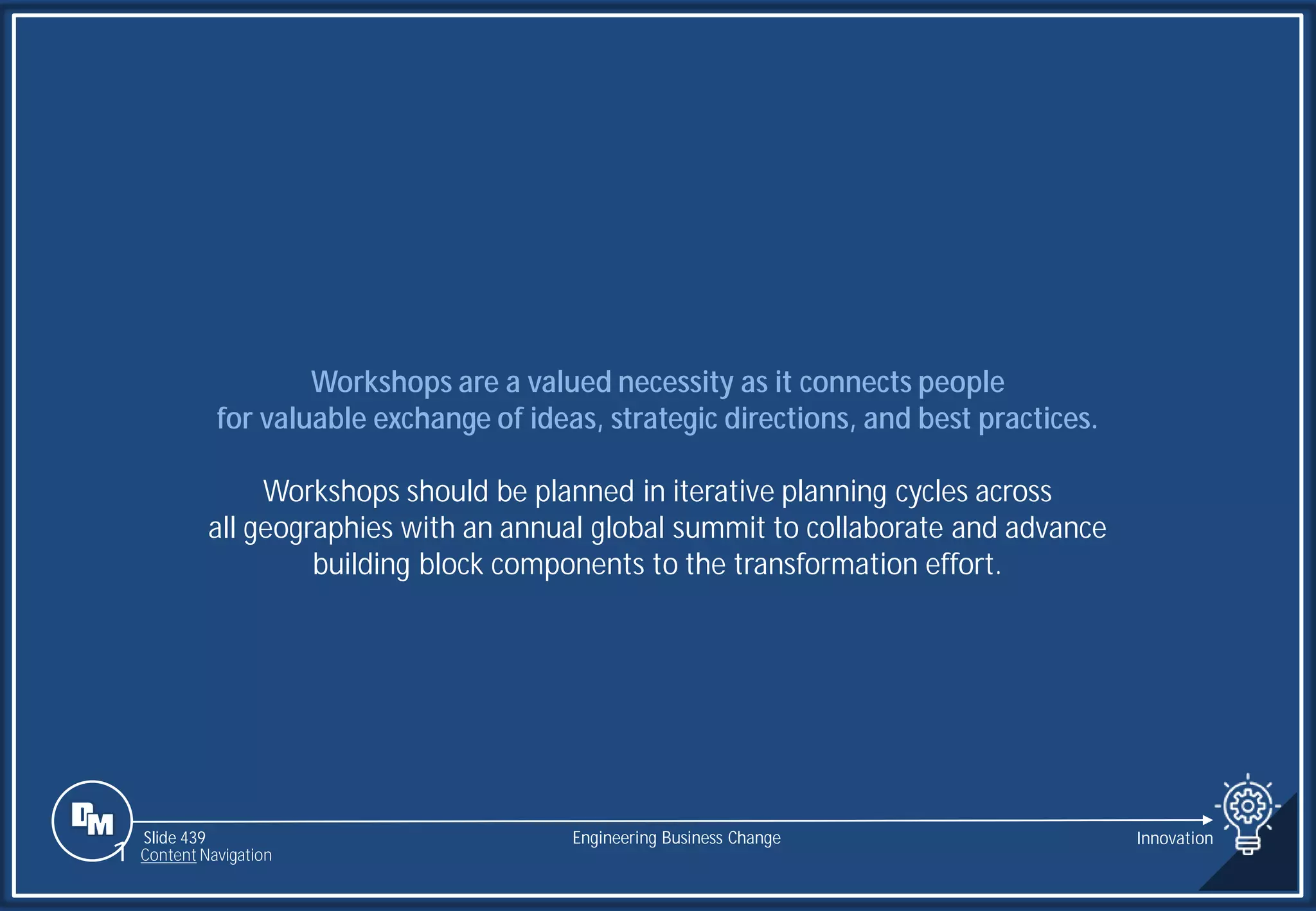 Slide 439
Workshops are a valued necessity as it connects people
for valuable exchange of ideas, strategic directions, and best practices.
Workshops should be planned in iterative planning cycles across
all geographies with an annual global summit to collaborate and advance
building block components to the transformation effort.
Engineering Business Change
1 Content Navigation
Innovation
 