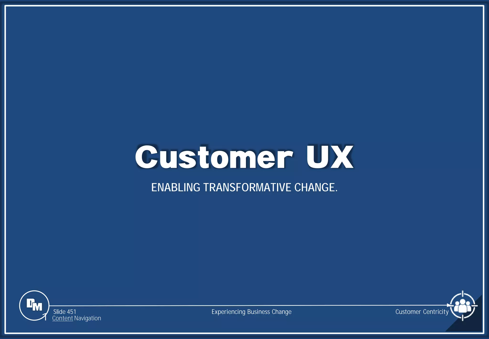 Slide 451
Customer UX
ENABLING TRANSFORMATIVE CHANGE.
Experiencing Business Change
1 Content Navigation
Customer Centricity
 