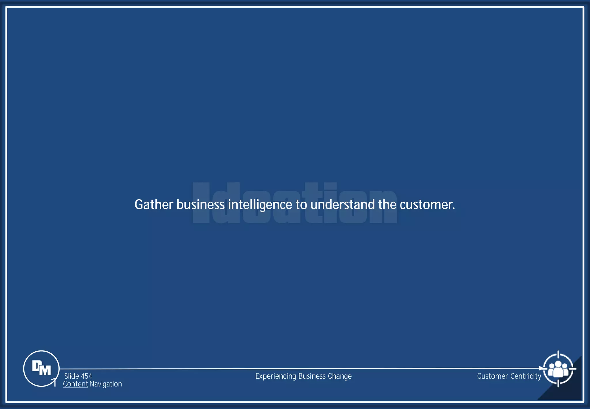 Slide 454
Gather business intelligence to understand the customer.
Experiencing Business Change Customer Centricity
1 Content Navigation
 