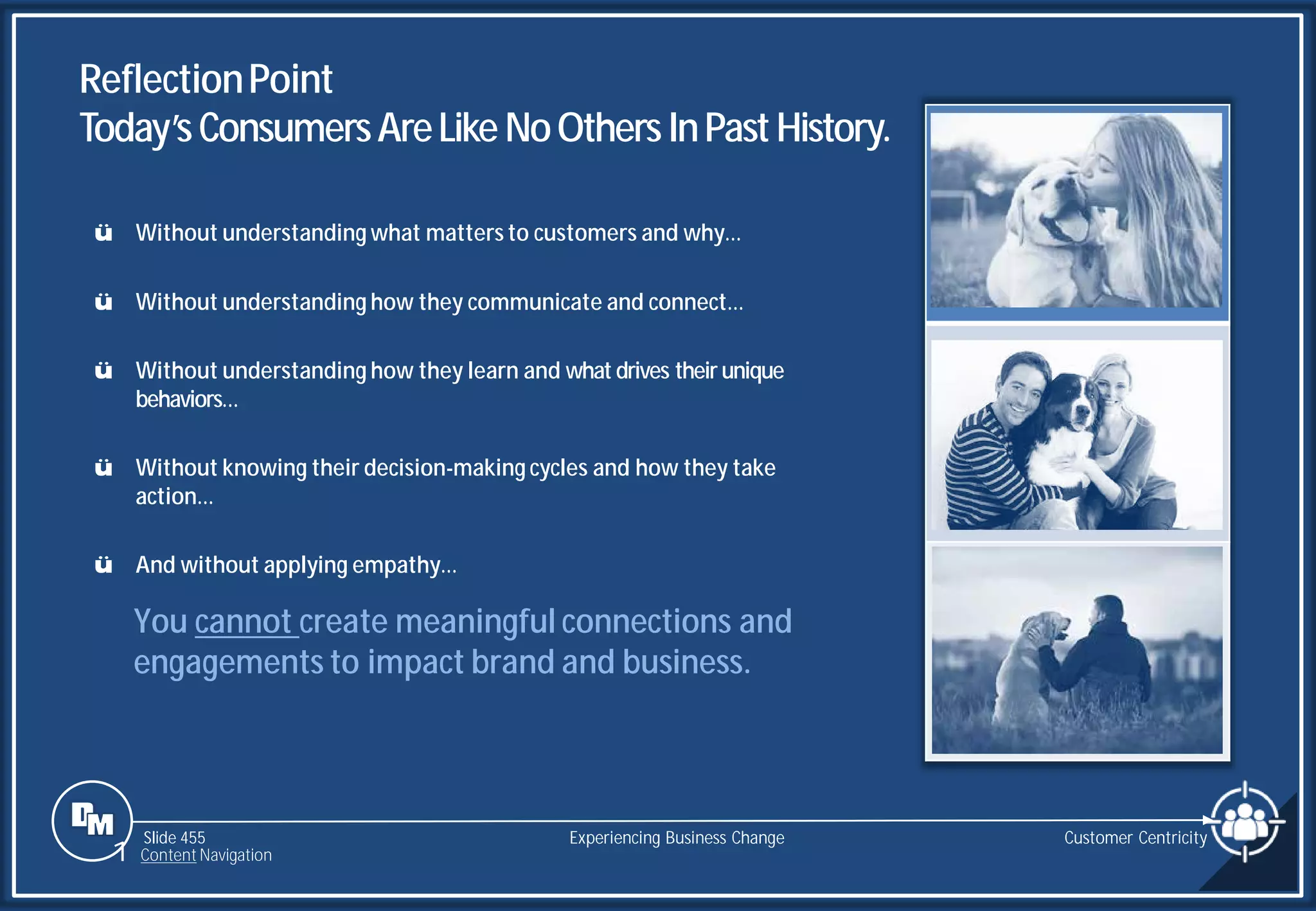 Slide 455
ReflectionPoint
Today’s ConsumersAreLike NoOthers InPastHistory.
Customer Centricity
Experiencing Business Change
ü Without understanding what matters to customers and why…
ü Without understanding how they communicate and connect…
ü Without understanding how they learn and what drives their unique
behaviors…
ü Without knowing their decision-making cycles and how they take
action…
ü And without applying empathy…
You cannot create meaningful connections and
engagements to impact brand and business.
1 Content Navigation
 