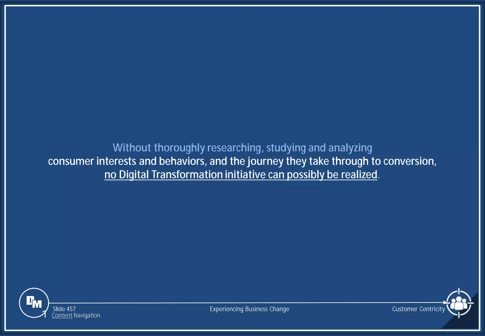 Slide 457
Without thoroughly researching, studying and analyzing
consumer interests and behaviors, and the journey they take through to conversion,
no Digital Transformation initiative can possibly be realized.
Experiencing Business Change Customer Centricity
1 Content Navigation
 