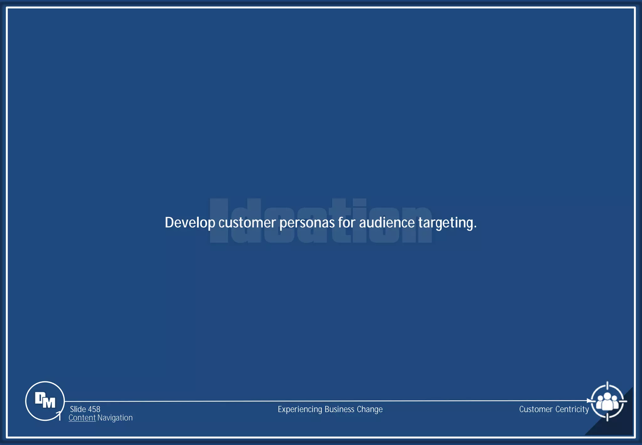 Slide 458
Develop customer personas for audience targeting.
Customer Centricity
Experiencing Business Change
1 Content Navigation
 