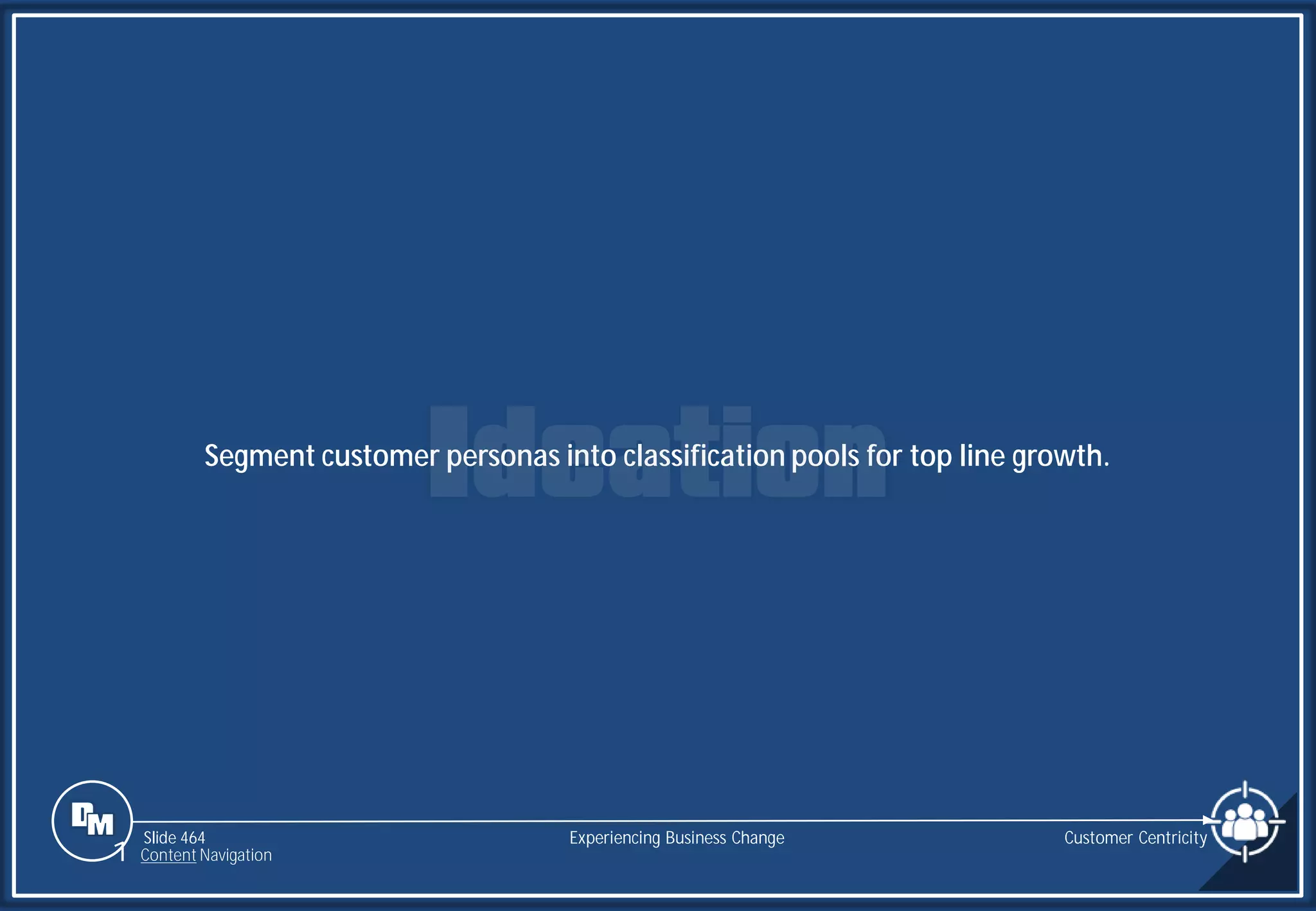 Slide 464
Segment customer personas into classification pools for top line growth.
Customer Centricity
Experiencing Business Change
1 Content Navigation
 