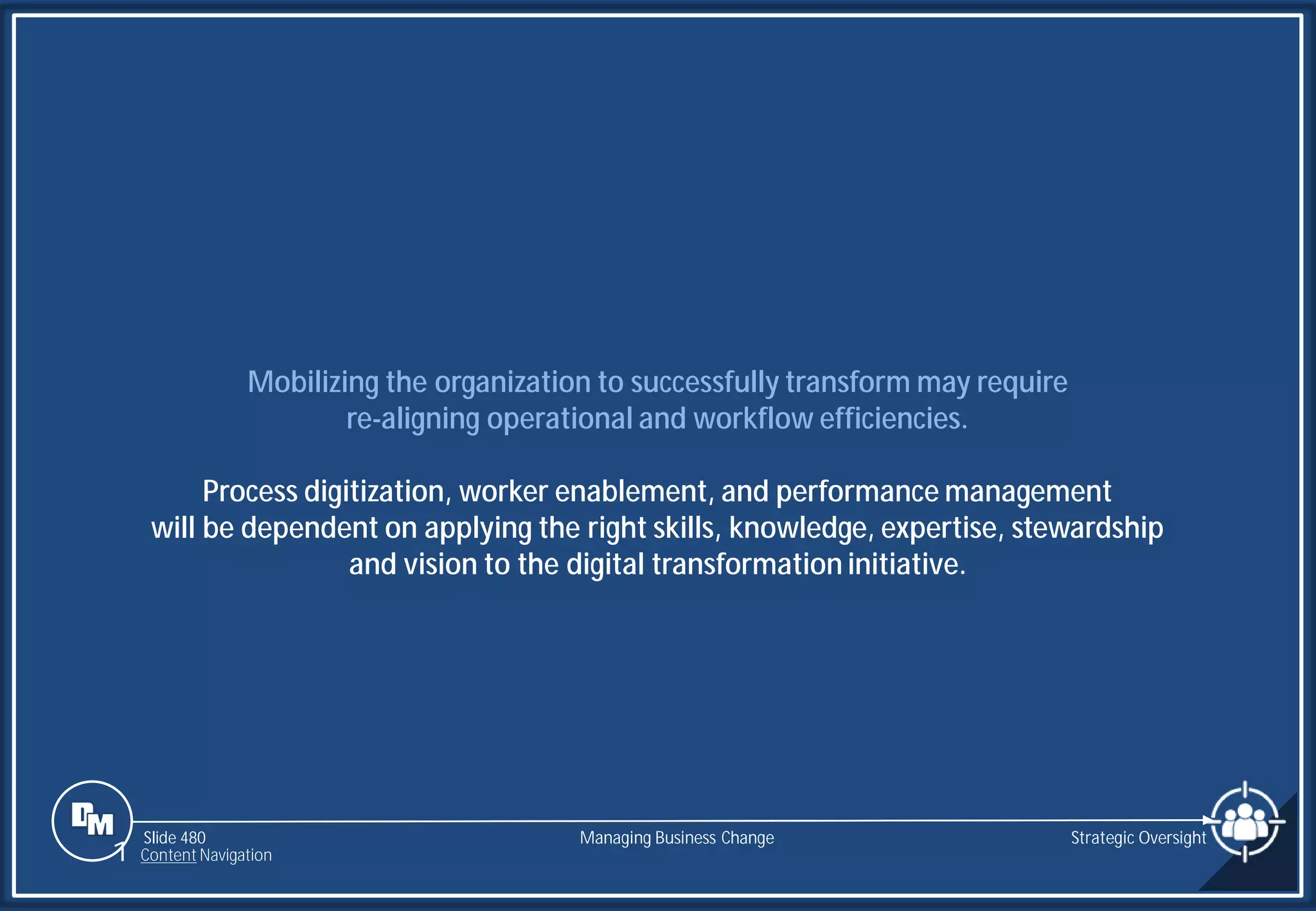 Slide 480
Mobilizing the organization to successfully transform may require
re-aligning operational and workflow efficiencies.
Process digitization, worker enablement, and performance management
will be dependent on applying the right skills, knowledge, expertise, stewardship
and vision to the digital transformation initiative.
Managing Business Change Strategic Oversight
1 Content Navigation
 
