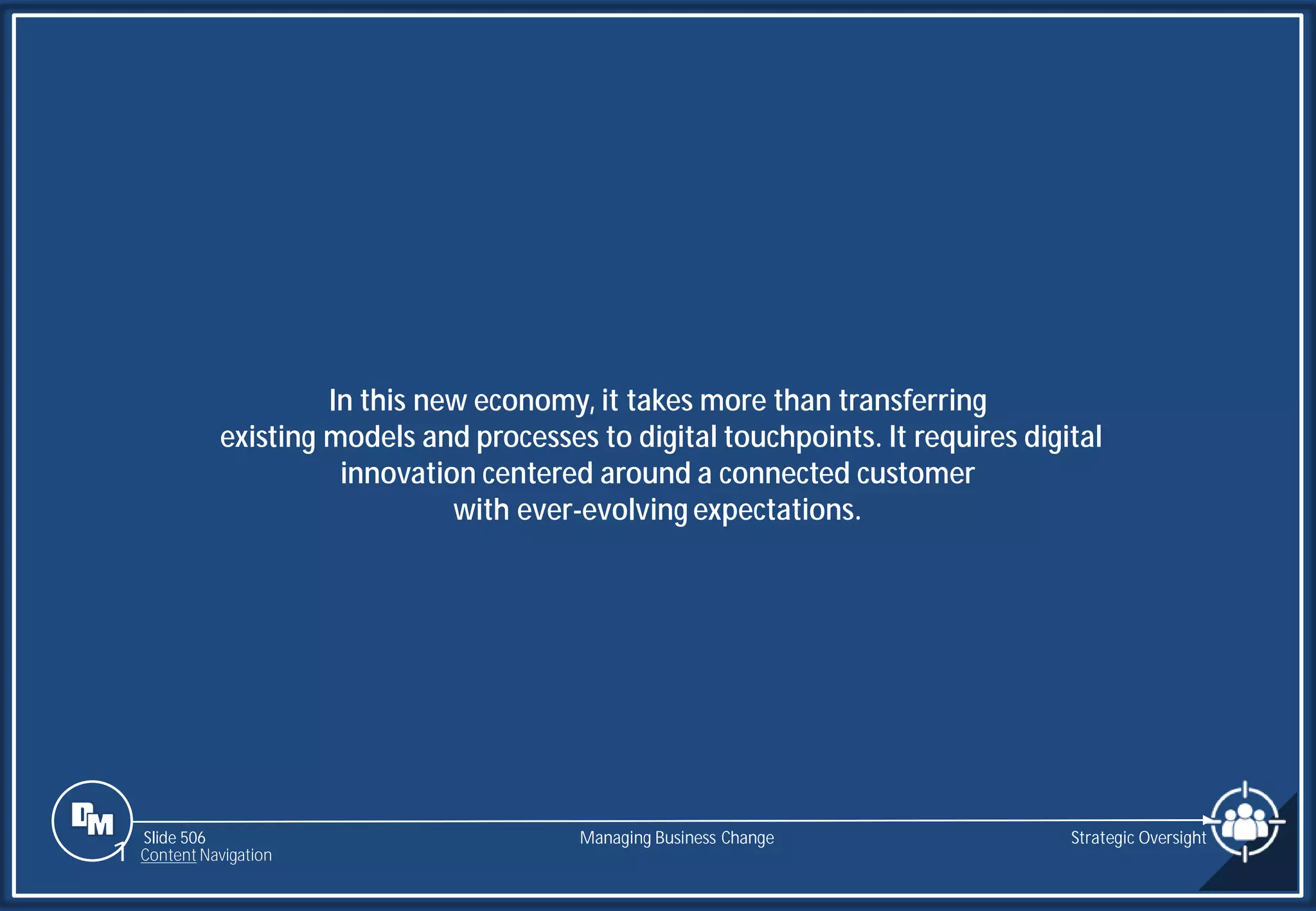 Slide 506
In this new economy, it takes more than transferring
existing models and processes to digital touchpoints. It requires digital
innovation centered around a connected customer
with ever-evolving expectations.
Managing Business Change Strategic Oversight
1 Content Navigation
 