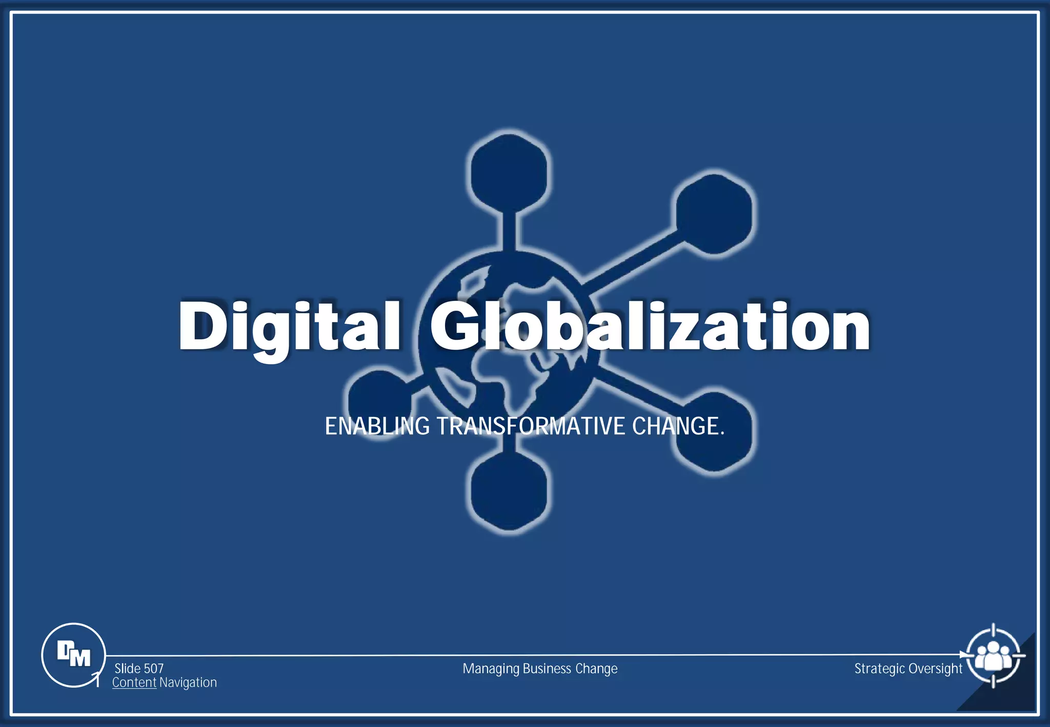 Slide 507
Digital Globalization
ENABLING TRANSFORMATIVE CHANGE.
Managing Business Change
1 Content Navigation
Strategic Oversight
 