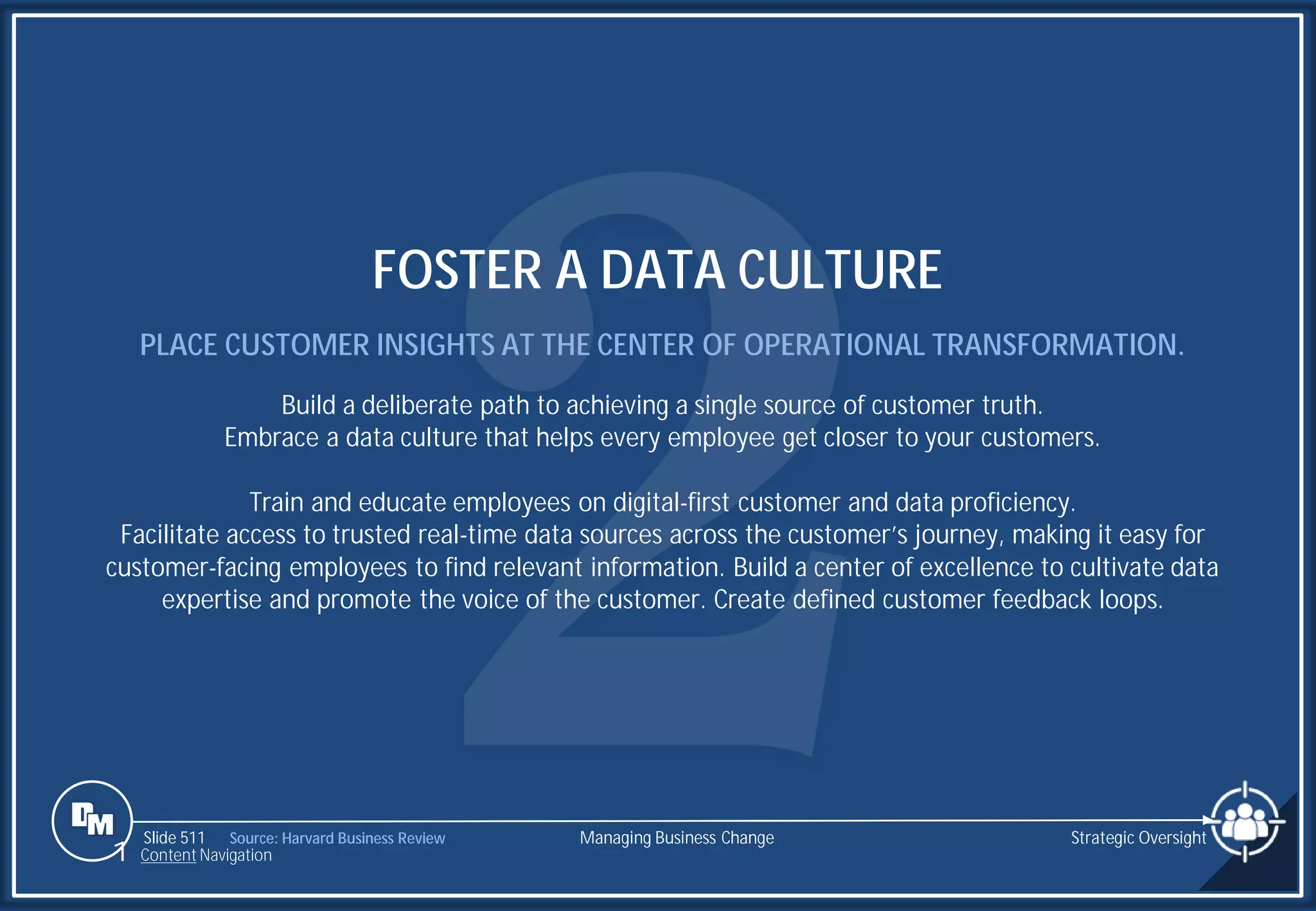 Slide 511
FOSTER A DATA CULTURE
PLACE CUSTOMER INSIGHTS AT THE CENTER OF OPERATIONAL TRANSFORMATION.
Build a deliberate path to achieving a single source of customer truth.
Embrace a data culture that helps every employee get closer to your customers.
Train and educate employees on digital-first customer and data proficiency.
Facilitate access to trusted real-time data sources across the customer’s journey, making it easy for
customer-facing employees to find relevant information. Build a center of excellence to cultivate data
expertise and promote the voice of the customer. Create defined customer feedback loops.
Managing Business Change
1 Content Navigation
Strategic Oversight
Source: Harvard Business Review
 