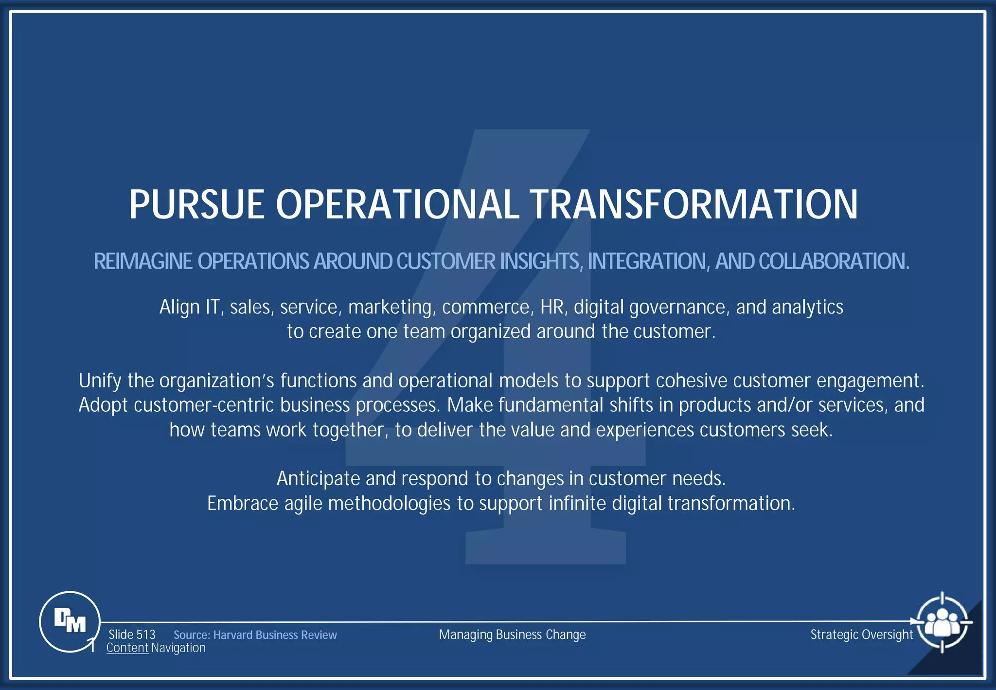 Slide 513
PURSUE OPERATIONAL TRANSFORMATION
REIMAGINE OPERATIONSAROUNDCUSTOMERINSIGHTS,INTEGRATION, ANDCOLLABORATION.
Align IT, sales, service, marketing, commerce, HR, digital governance, and analytics
to create one team organized around the customer.
Unify the organization’s functions and operational models to support cohesive customer engagement.
Adopt customer-centric business processes. Make fundamental shifts in products and/or services, and
how teams work together, to deliver the value and experiences customers seek.
Anticipate and respond to changes in customer needs.
Embrace agile methodologies to support infinite digital transformation.
Managing Business Change
1 Content Navigation
Strategic Oversight
Source: Harvard Business Review
 